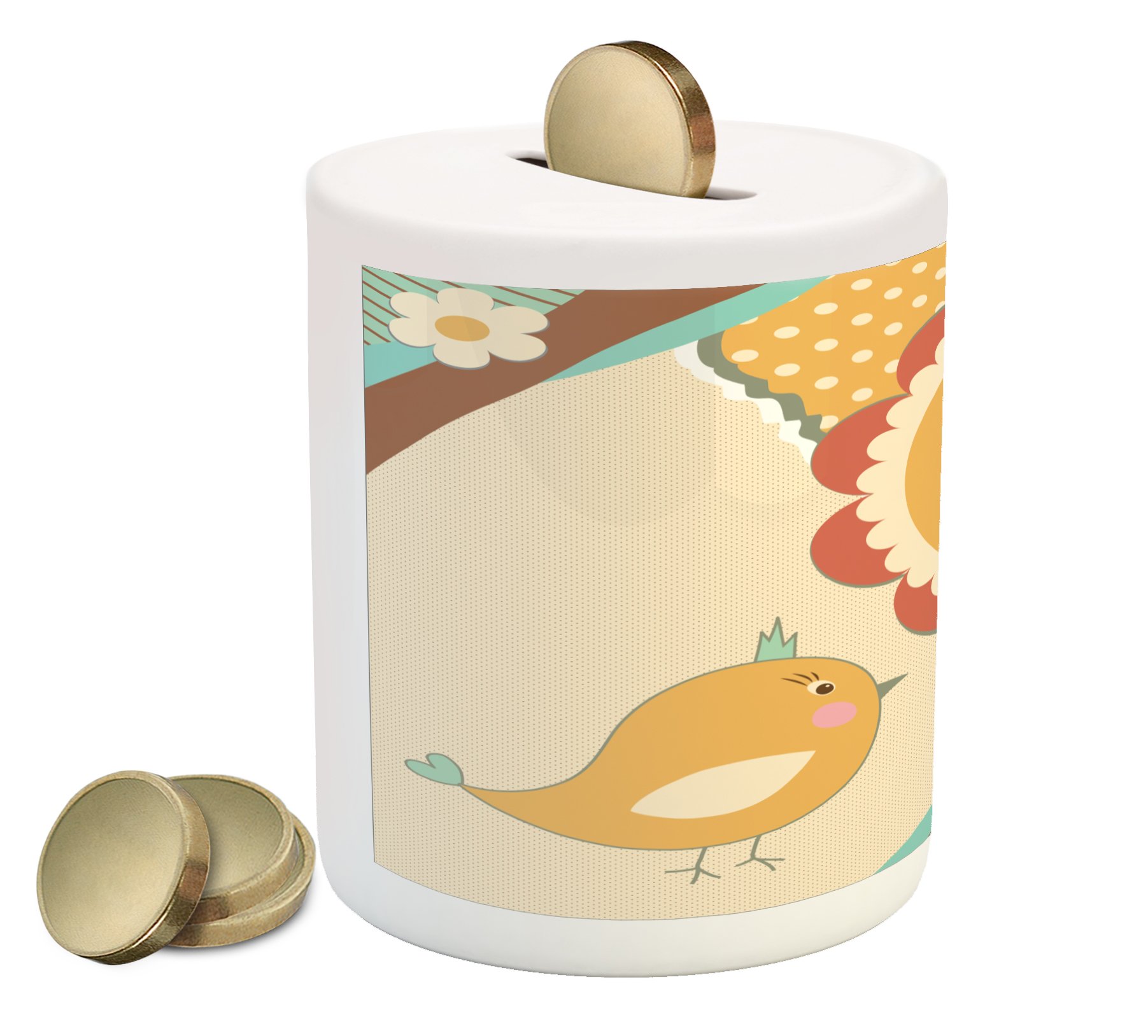 Ambesonne Ceramic Piggy Bank - Cute Cartoon Little Bird with Giant Flower on Dotted Retro Print, Money Saving Coin Bank for Kids & Adults (3.6