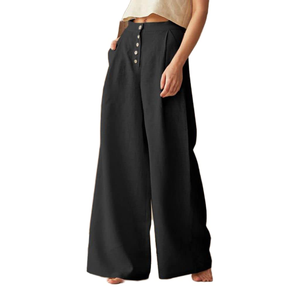 Women's Wide Leg Stretch Palazzo Pants - Comfortable Lounge & Work Trousers with Button Closure (Plus Size Available) - Perfect for Office, Travel & Casual Wear