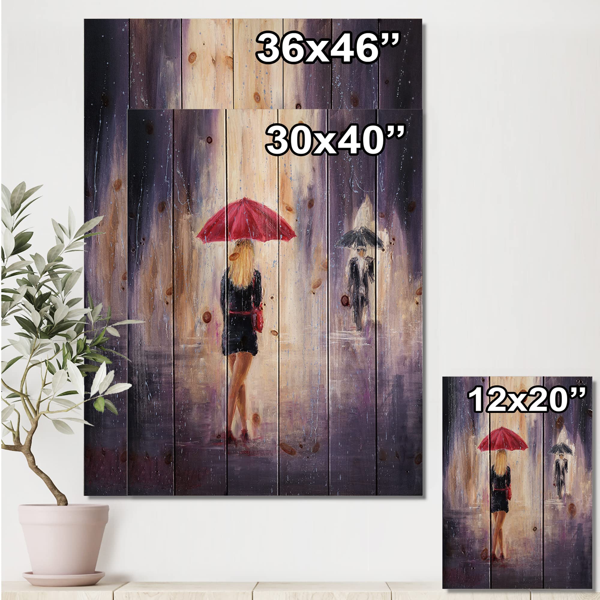 DesignQ The Woman With The Umbrella Walking In The Rain II - French Country Wood Wall Art Decor | Large Romantic Purple Wood Wall Panel Printed on Natural Pine | Perfect for Living Room, Bedroom & Office Decor