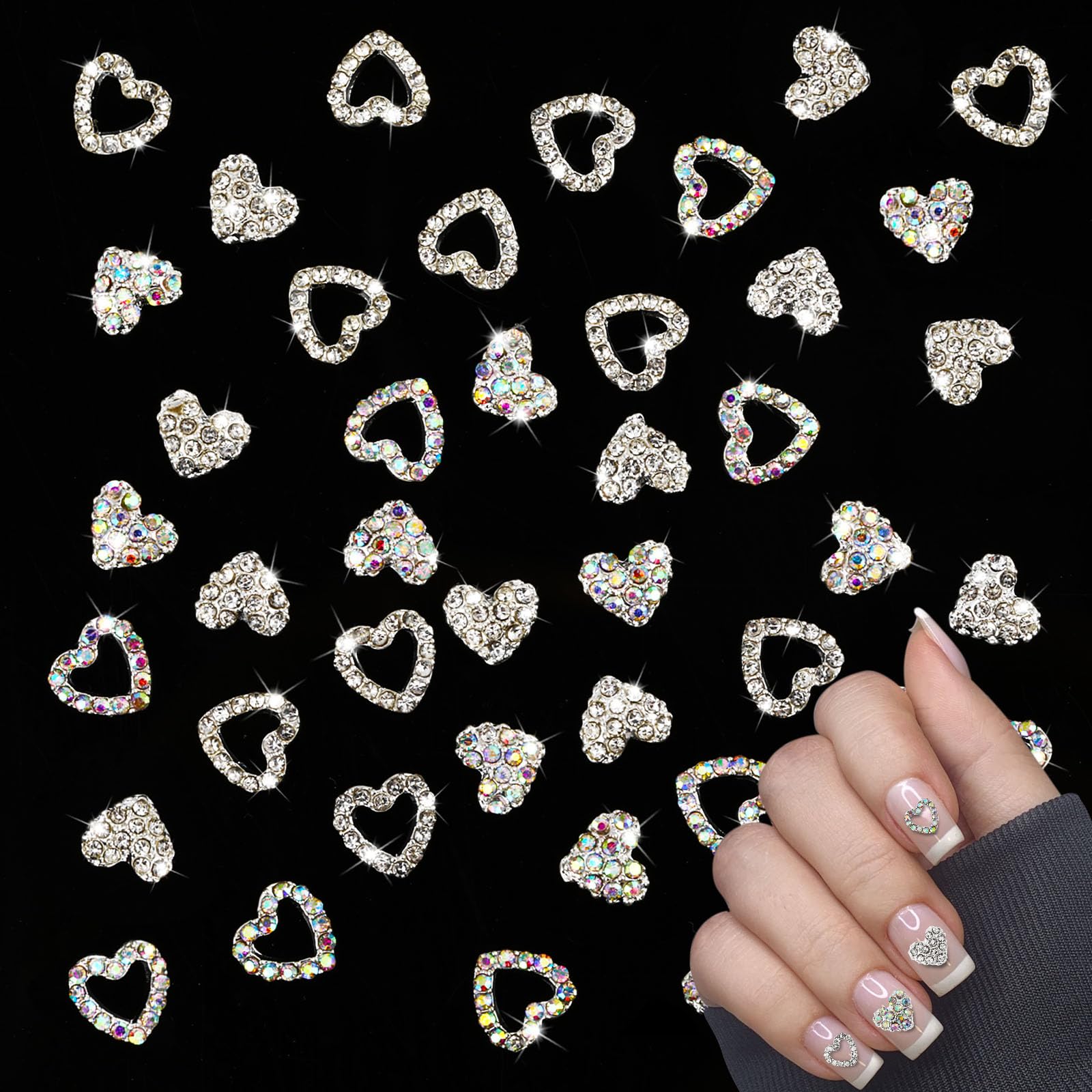 40Pcs 3D Heart Nail Charms - Diamond Alloy Rhinestones for Nail Art | Valentine's Day Wedding Nail Decor | Perfect for DIY Nail Designs, Bridal Manicures & Party Nail Art Accessories