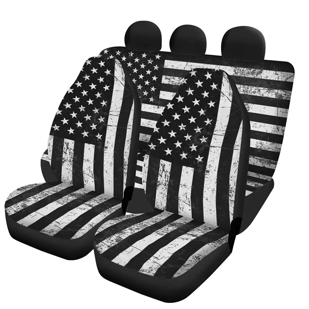 ZERODATE Black American Flag Car Seat Covers Full Set - Universal Fit Vehicle Seat Protectors for Front Bucket & Rear Bench (Men & Women) - Durable Interior Accessories for Cars, Trucks & SUVs - Perfect for Road Trips, Daily Commute & Outdoor Adventures