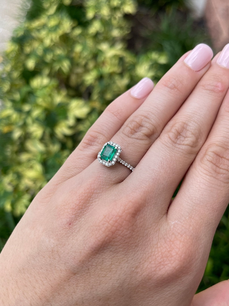 1.81tcw 14K Gold Emerald Cut Diamond Engagement Ring with Halo Shank - Elegant Green Gemstone Jewelry for Wedding, Proposal & Anniversary Gifts