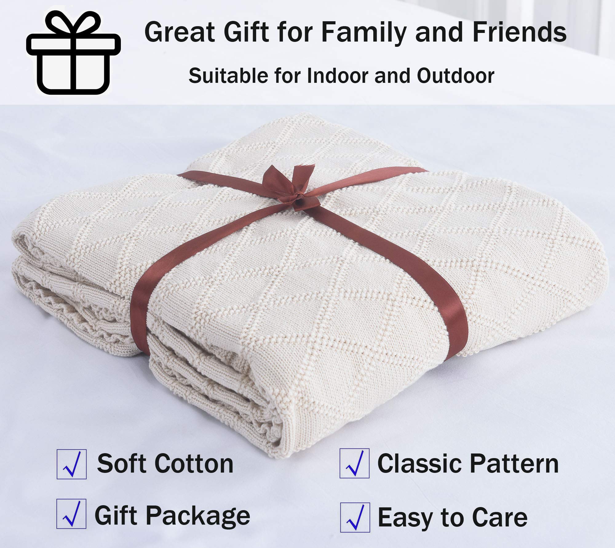 Soft Cozy Beige Cable Knit Throw Blanket for Couch, Sofa & Bed - 100% Cotton Woven Decorative Blanket for Fall & Winter - Perfect for Living Room, Bedroom & Home Decor