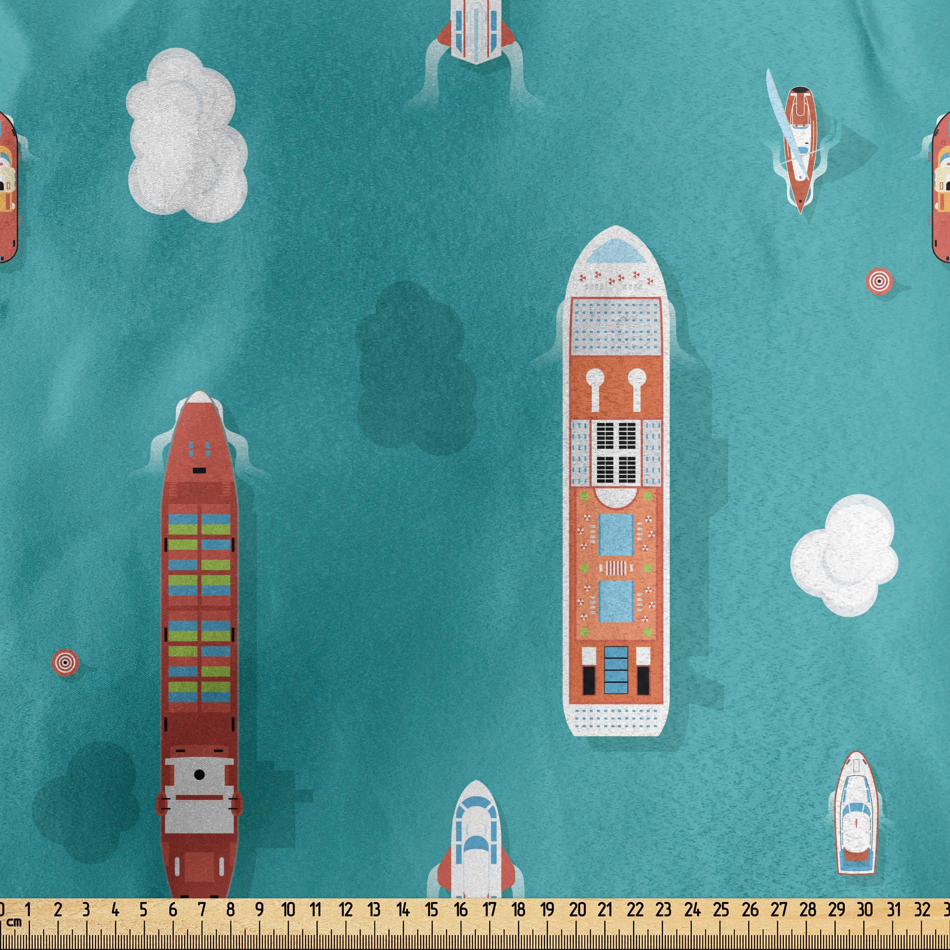 Ambesonne Cruise Ship Fabric by The Yard - Top View Ocean Ships, Yachts & Boat Transport Illustration - Decorative Satin Fabric for Home Textiles & Crafts (10 Yards, Coral Teal) - Perfect for Curtains, Pillows & DIY Projects
