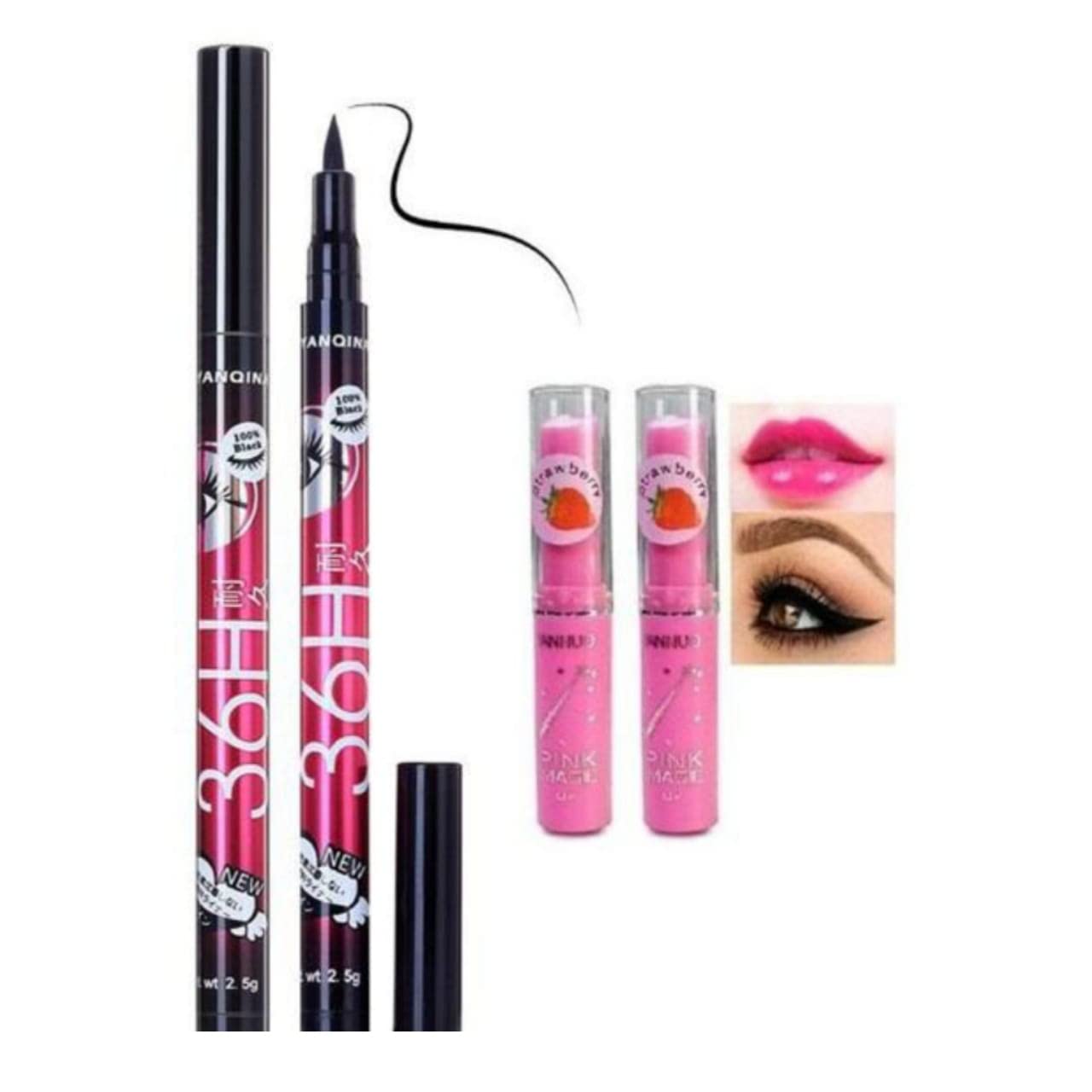 Zintalic 2 Pack Pink Magic Lip Balm with 2 Waterproof Black Eyeliner Pens - Long Lasting Moisturizing Lip Care & Smudge Proof Eye Makeup for Women & Girls - Perfect for Daily Use, Party Makeup and Gift Giving