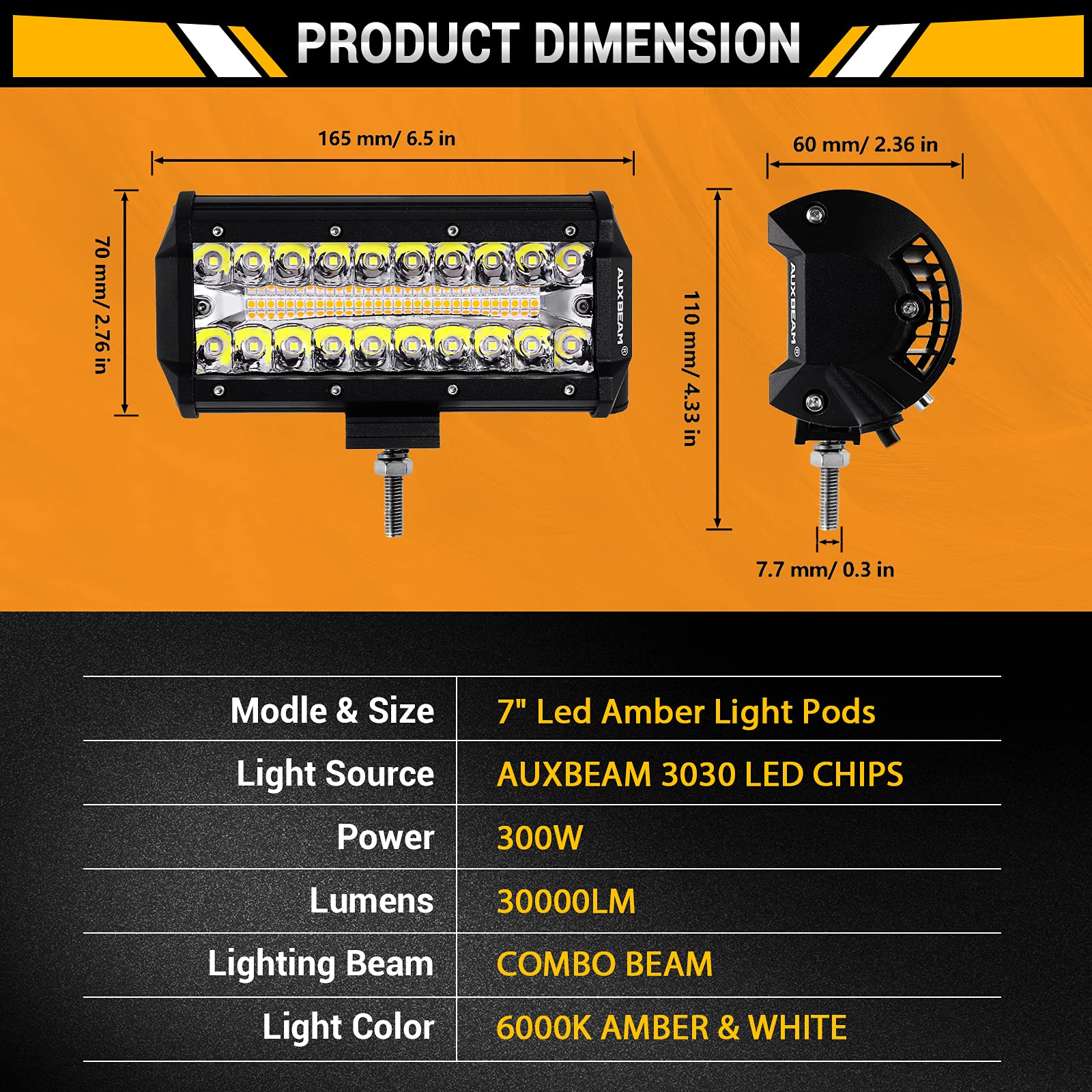 Auxbeam 7 Inch LED Light Bar 300W - Dual Color Amber & White Offroad Lights - 6 Modes Spot/Flood Work Light for Trucks, ATV, Jeep, Boat, Golf Cart (Pack of 2) - Perfect for Night Driving, Camping & Emergency Lighting