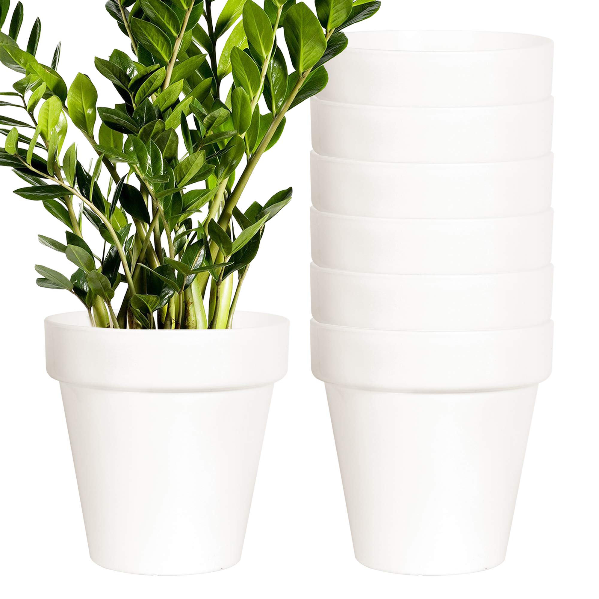 Youngever 8 Pack 5.5 Inch Plastic Plant Pots for Indoor Plants - White Flower Pots with Drainage Holes, Lightweight Decorative Garden Planters for Home, Office, Balcony Decor
