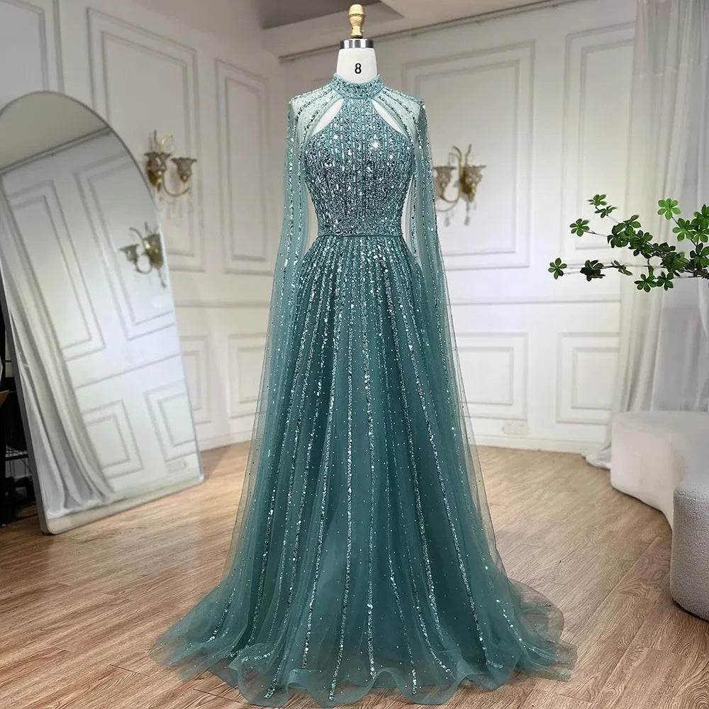 Elegant Arabic Turquoise A-Line Cape Sleeve Beaded Evening Gown for Women - Luxury Dubai Wedding Party Dress LA72306A | Perfect for Formal Events, Galas & Special Occasions