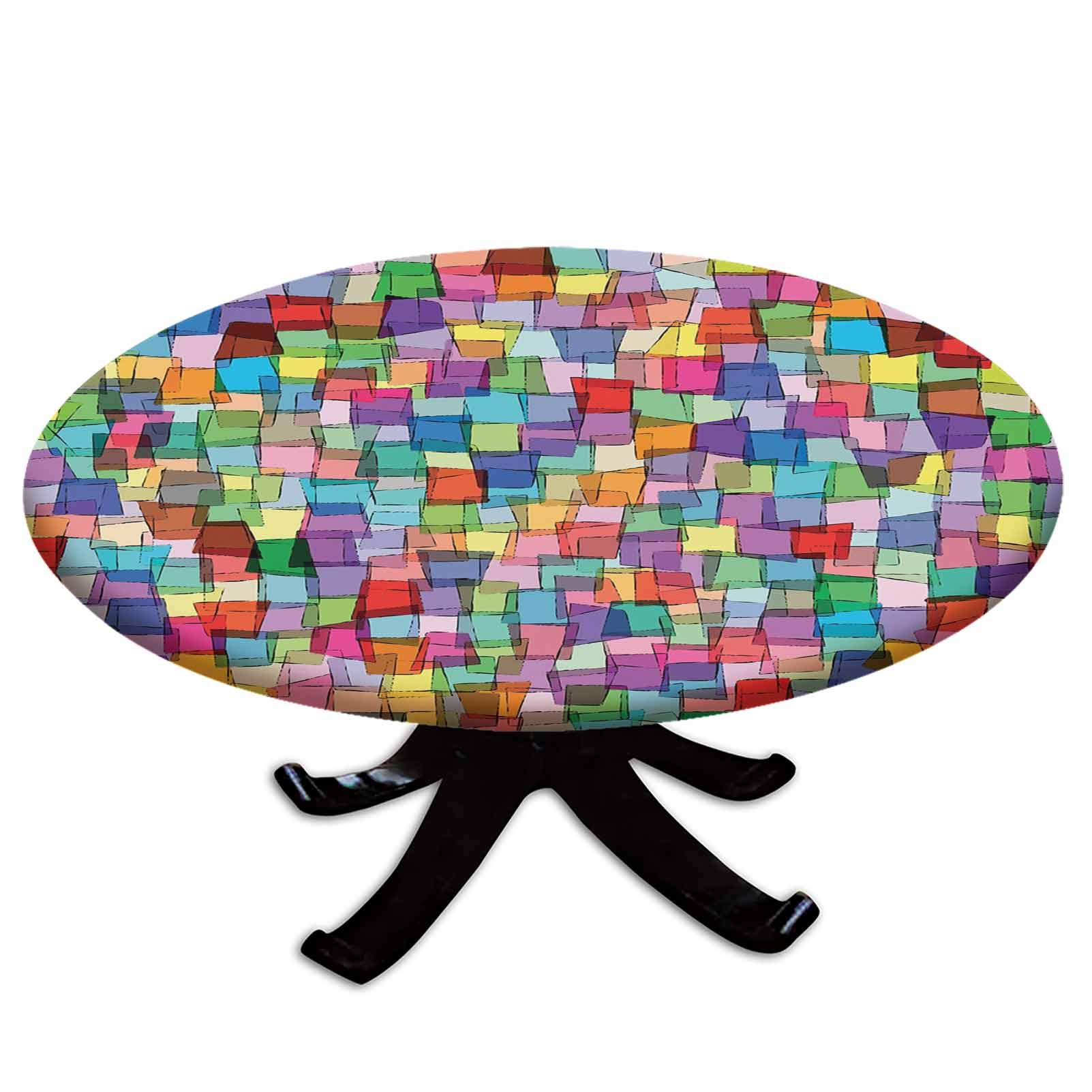 Elastic Edged Polyester Fitted Table Cover - Mosaic Tile Pattern with Colorful Cubes Design, Fits 36