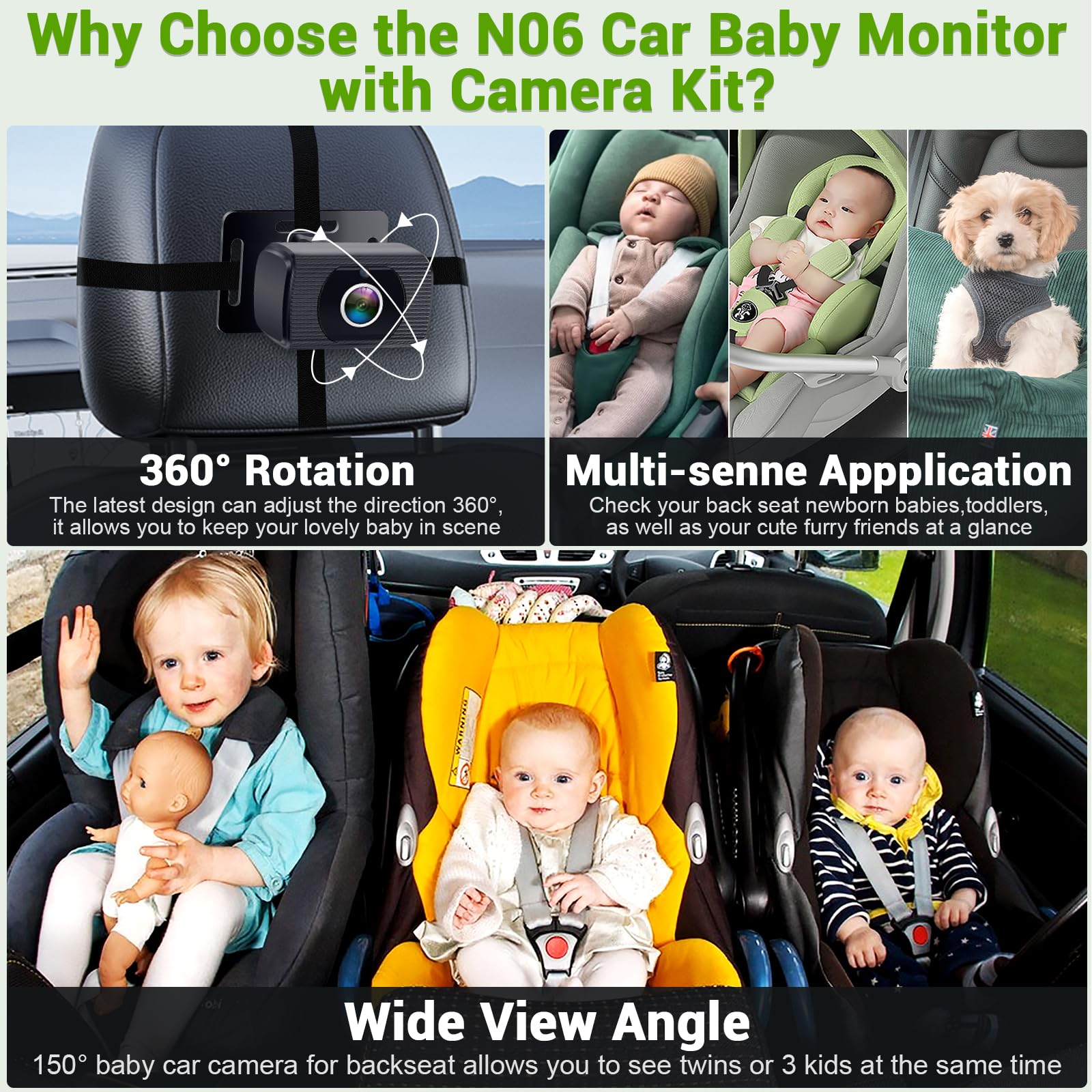 HD 1080P Baby Car Camera with Night Vision - Rear Facing Car Seat Monitor with 360° Rotation, Easy Installation for Safe Travel | Perfect for Parents to Monitor Kids in Backseat During Road Trips
