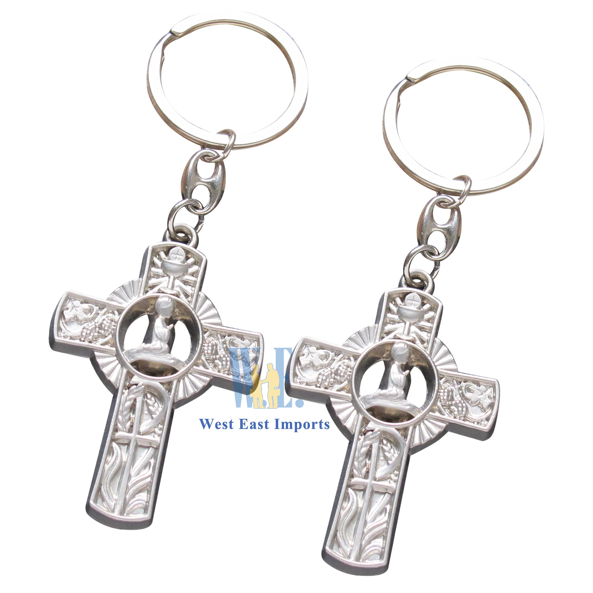 First Communion Keychain Favors - 12PCS Religious Keepsake Gift Set with Pink Ribbon Decorated Organza Bags - Perfect for Baptism, Confirmation & Christian Celebrations