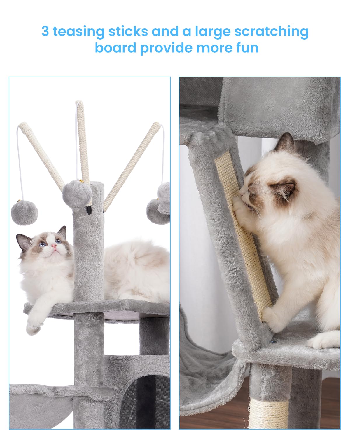Hey-brother 53 Inch Cat Tree for Indoor Cats - Multi-Level Cat Tower with Cozy Condo, Padded Platform Bed, Hammocks, Sisal Scratching Posts & Toy Balls (Light Gray) - Perfect for Play, Rest & Climbing in Living Rooms & Bedrooms