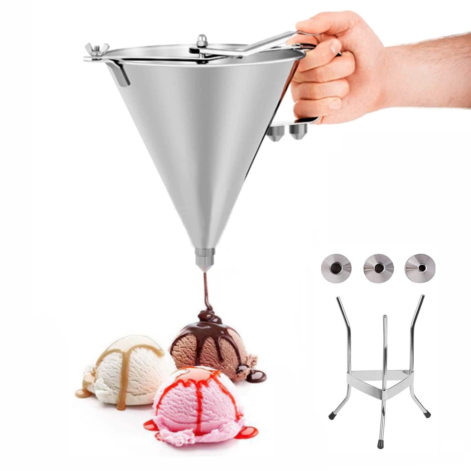 Stainless Steel Pancake Batter Dispenser with Stand - 3 Nozzles Funnel Cake Maker for Pancakes, Waffles, Cupcakes & Takoyaki - 61oz Commercial Grade Confectionery Piston Funnel - Perfect for Breakfast, Desserts & Street Food Stalls