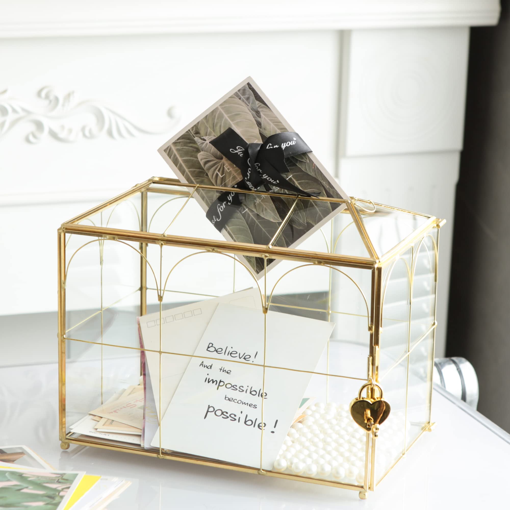 10.2 Inch Large Gold Clear Glass Card Box with Slot - Elegant Decorative Storage Box with Lock for Wedding Receptions, Baby Showers, Birthday Parties & Bridal Showers - Perfect for Gift Cards, Money, and Special Occasion Keepsakes
