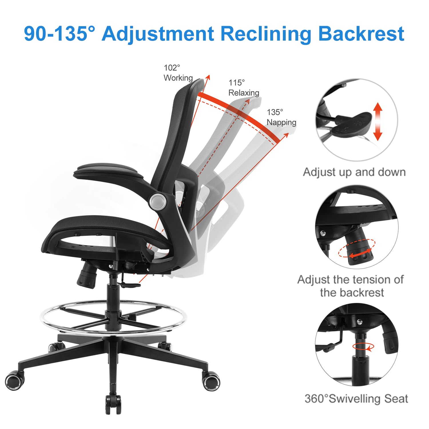 Ergonomic Office Drafting Chair - Adjustable Height Tall Desk Chair with Footrest & Lumbar Support - Executive Computer Chair for Standing Desks - Perfect for Architects, Designers & Home Office (Black)