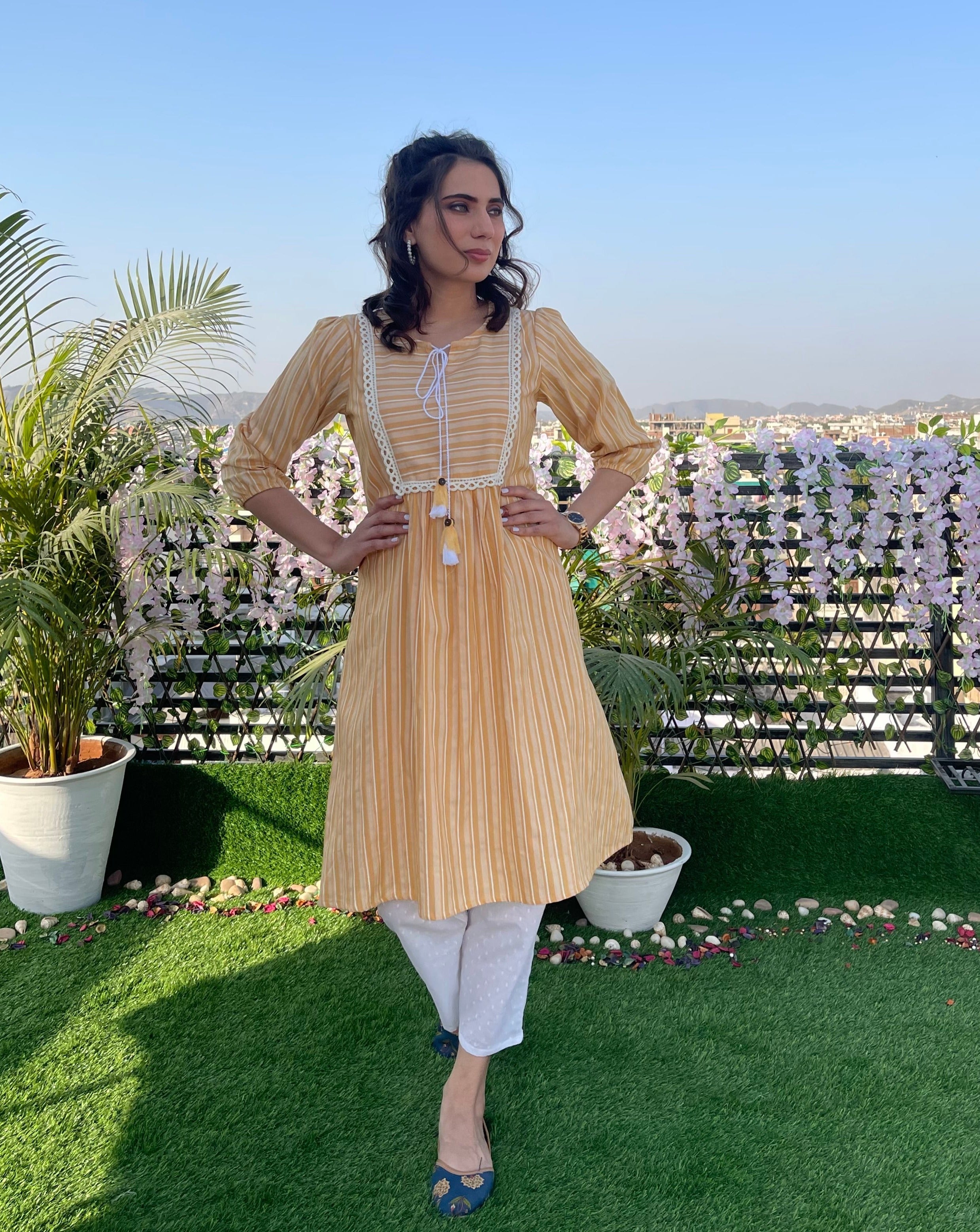 Stylish Yellow Printed Cotton Kurta Set for Women | Traditional Indian Ethnic Wear | Perfect for Festivals, Weddings & Casual Outings