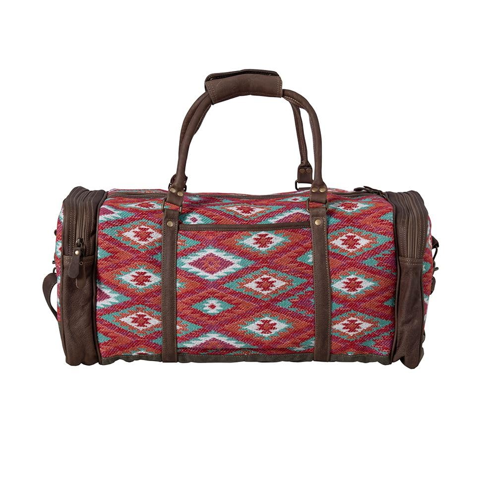 Myra Duffle Bag for Women - Vintage Upcycled Canvas & Leather Shoulder Bag - Western Style Travel Tote - Perfect for Hiking, Gym & Weekend Getaways