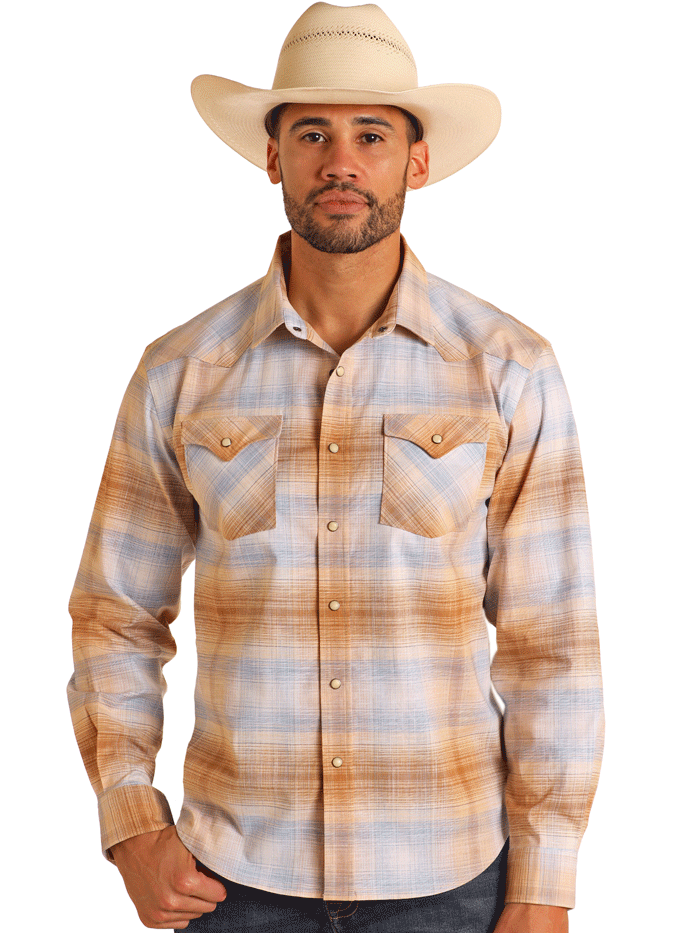 Vintage Ombre Plaid Snap Shirt for Men - Long Sleeve Casual Button Up Shirt in Tan | Perfect for Outdoor Adventures, Date Nights & Fall Layering