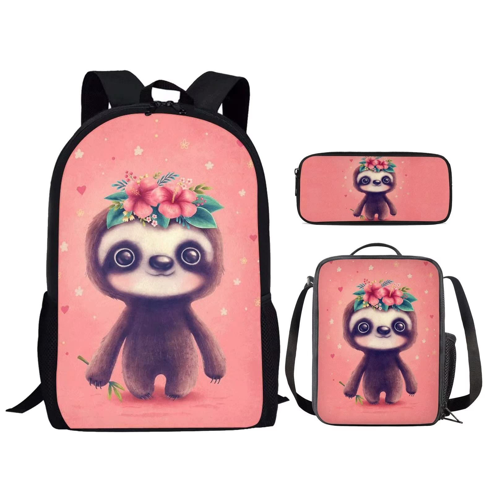 Cute Sloth Backpack Set for Girls - 3 in 1 School Bag with Lunch Box & Pencil Case | Waterproof Bookbag for Elementary & Middle School | Perfect for School, Travel & Daily Use