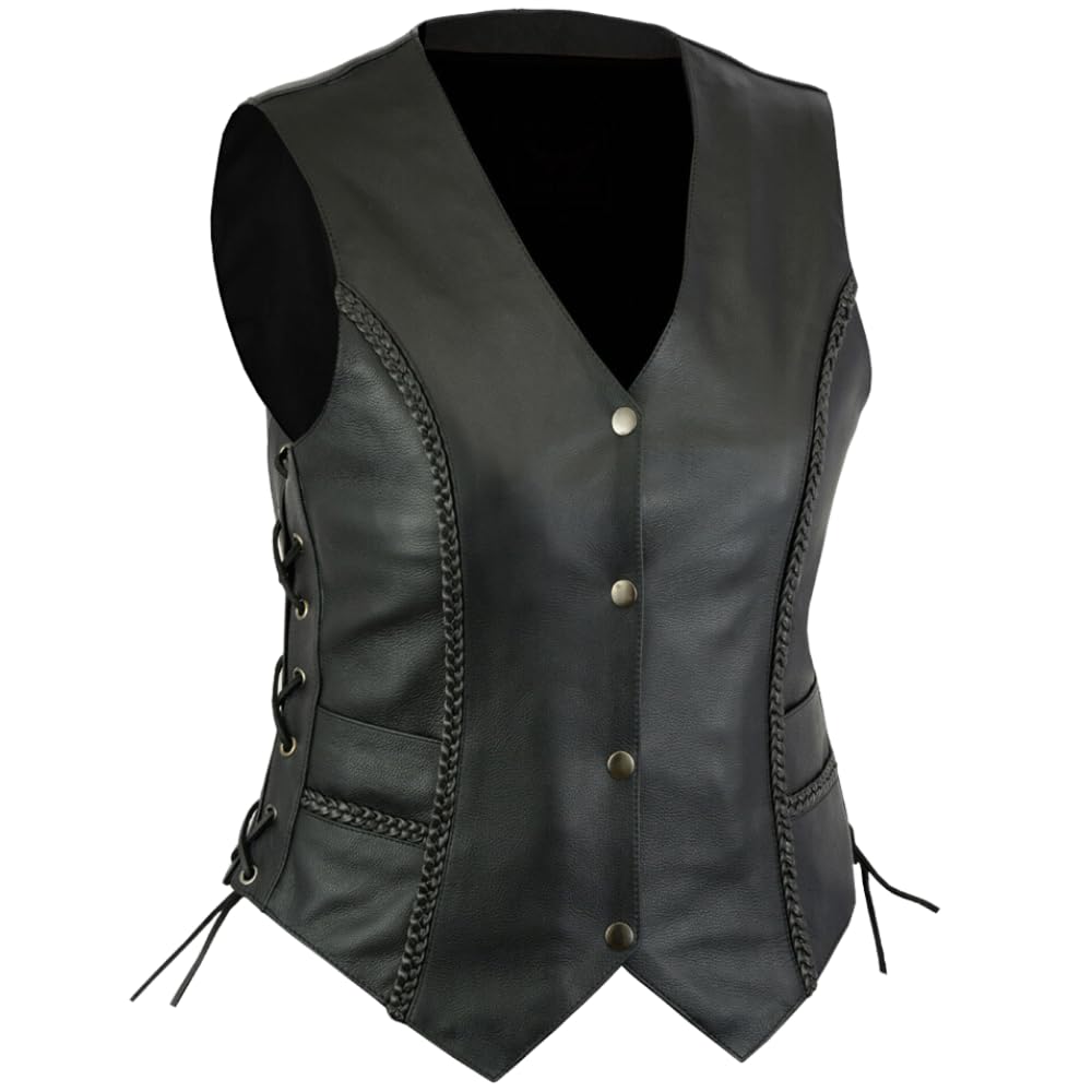 Women's Genuine Cowhide Leather Motorcycle Vest - Adjustable Lace-Up Biker Jacket for Harley Davidson Riders | Perfect for Motorcycle Clubs, Road Trips & Casual Streetwear