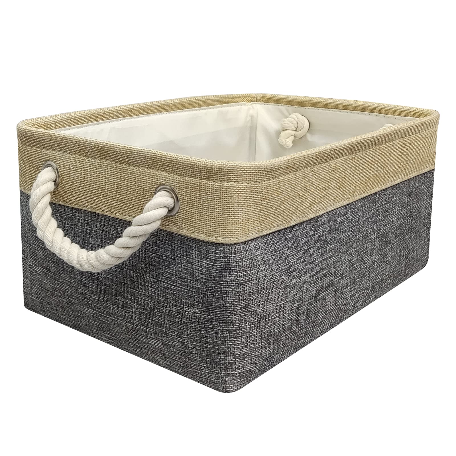 Protecu Fabric Storage Bins with Handles - Large Woven Toy Organizer Basket for Closet, Shelves, Nursery & Home Decor (16.1x12.2x7.9 inches, Beige & Grey) | Perfect for Kids Room Organization, Gift Wrapping & Blanket Storage