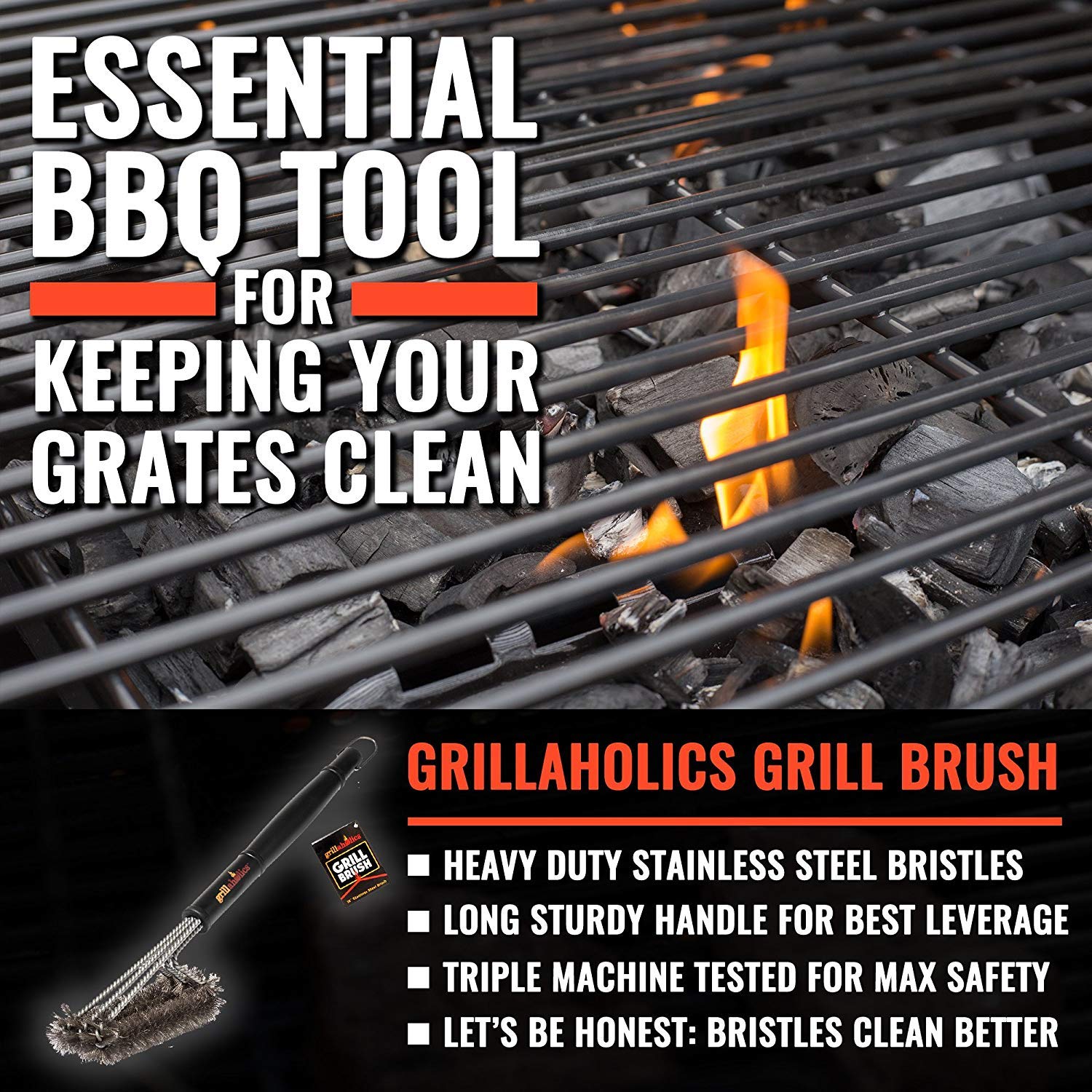 Grillaholics Premium Stainless Steel Grill Brush - Heavy Duty BBQ Grill Cleaner with Triple Safety Tested Bristles - Deep Cleaning for Charcoal & Gas Grills - Lifetime Warranty - Perfect for Backyard BBQs, Camping & Outdoor Cooking