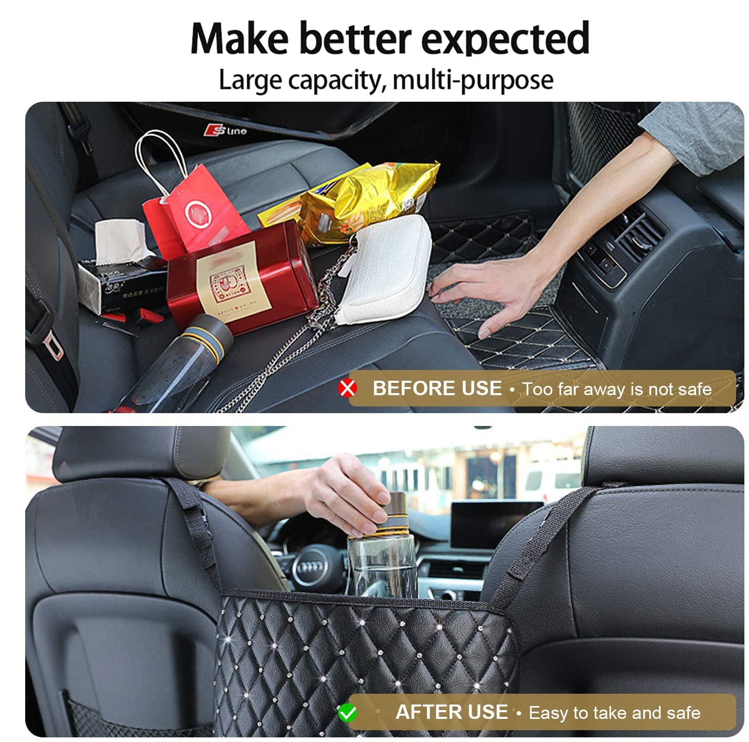 Diamond Car Net Pocket Handbag Holder - Bling Driver Storage Netting Pouch for Front Seat Organizer | Backseat Pet & Kids Barrier | Car Purse Storage Organizer (Black with Rhinestones) - Perfect for Road Trips, Daily Commutes & Keeping Your Vehicle Tidy
