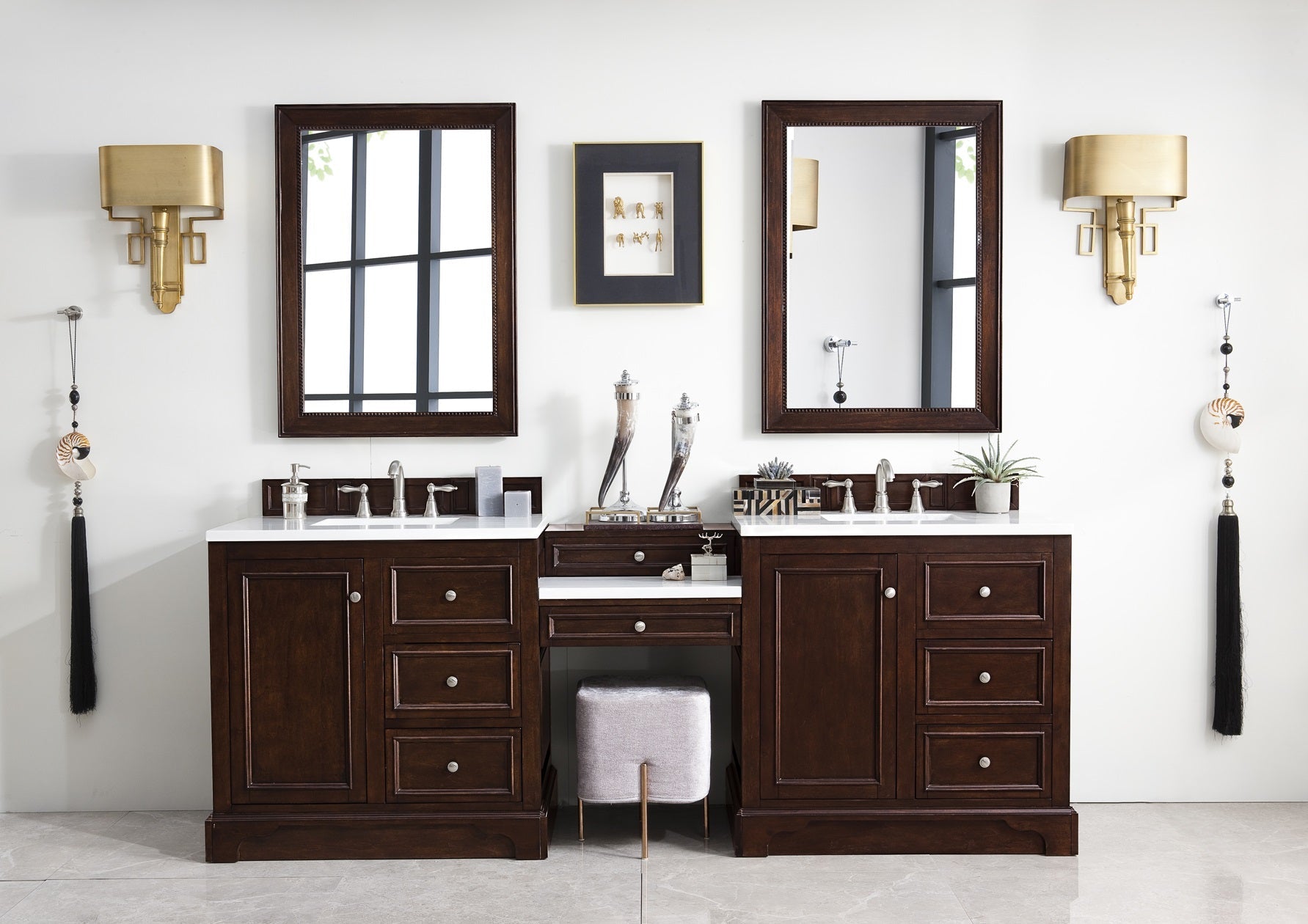 De Soto 94 Double Vanity Set with Makeup Table - Burnished Mahogany Finish & 3CM Classic White Quartz Top | Perfect for Master Bathroom Remodel & Luxury Home Decor