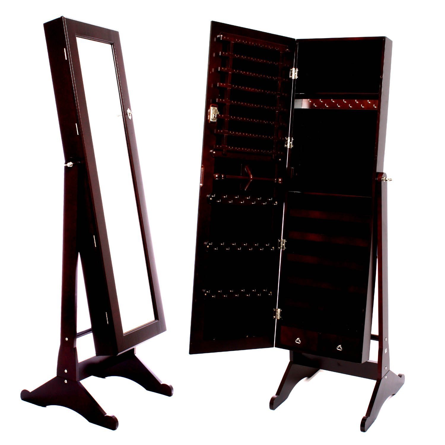 Mirrored Jewelry Cabinet Armoire Stand with Lock - Espresso Finish for Bedroom & Closet Organization | Jewelry Storage with Mirror & Multiple Drawers