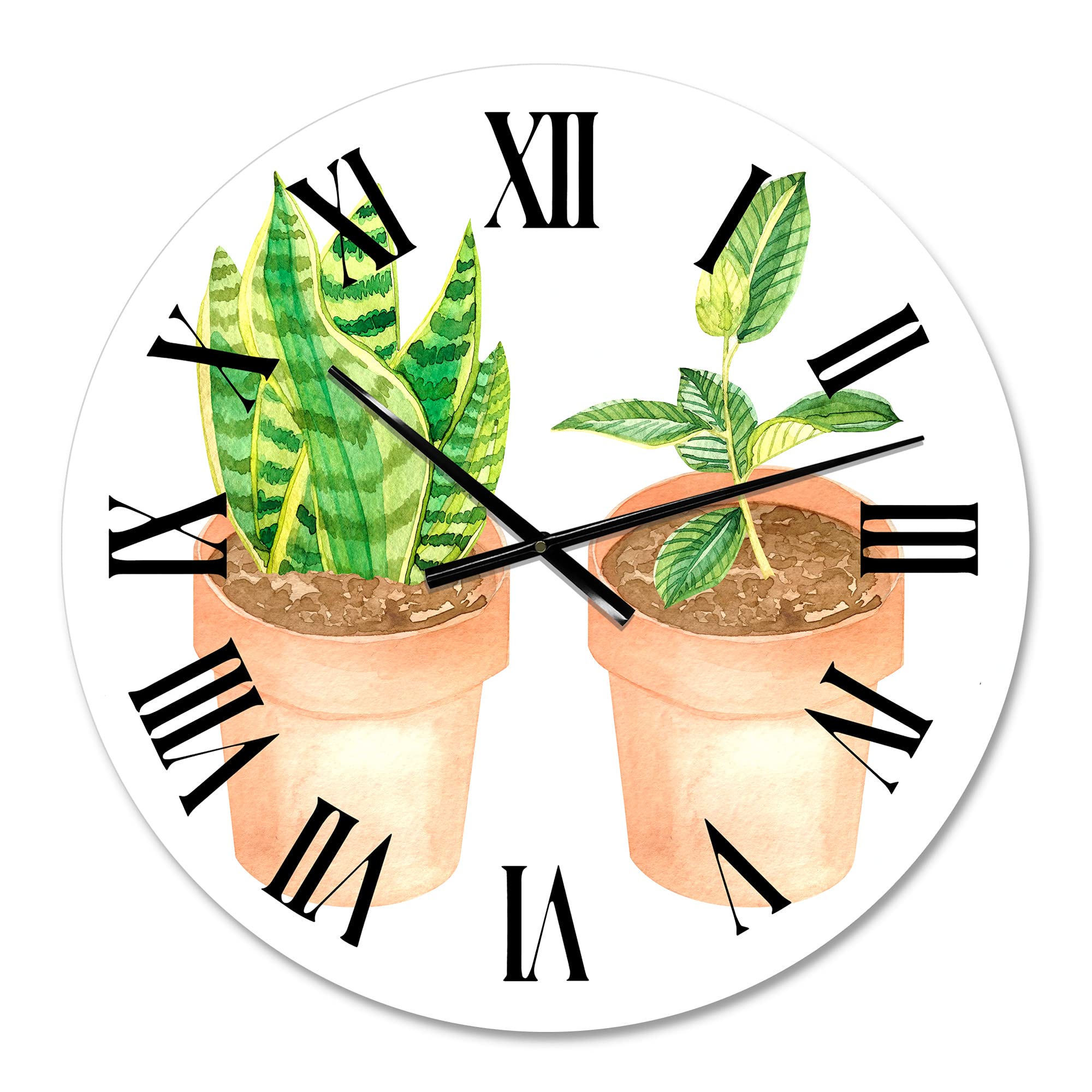 DesignQ Traditional Wall Clock with Sansevieria & Ficus Indoor Plants - Large Floral Botanical Wall Clock for Home Decor | Perfect for Living Room, Bedroom & Office
