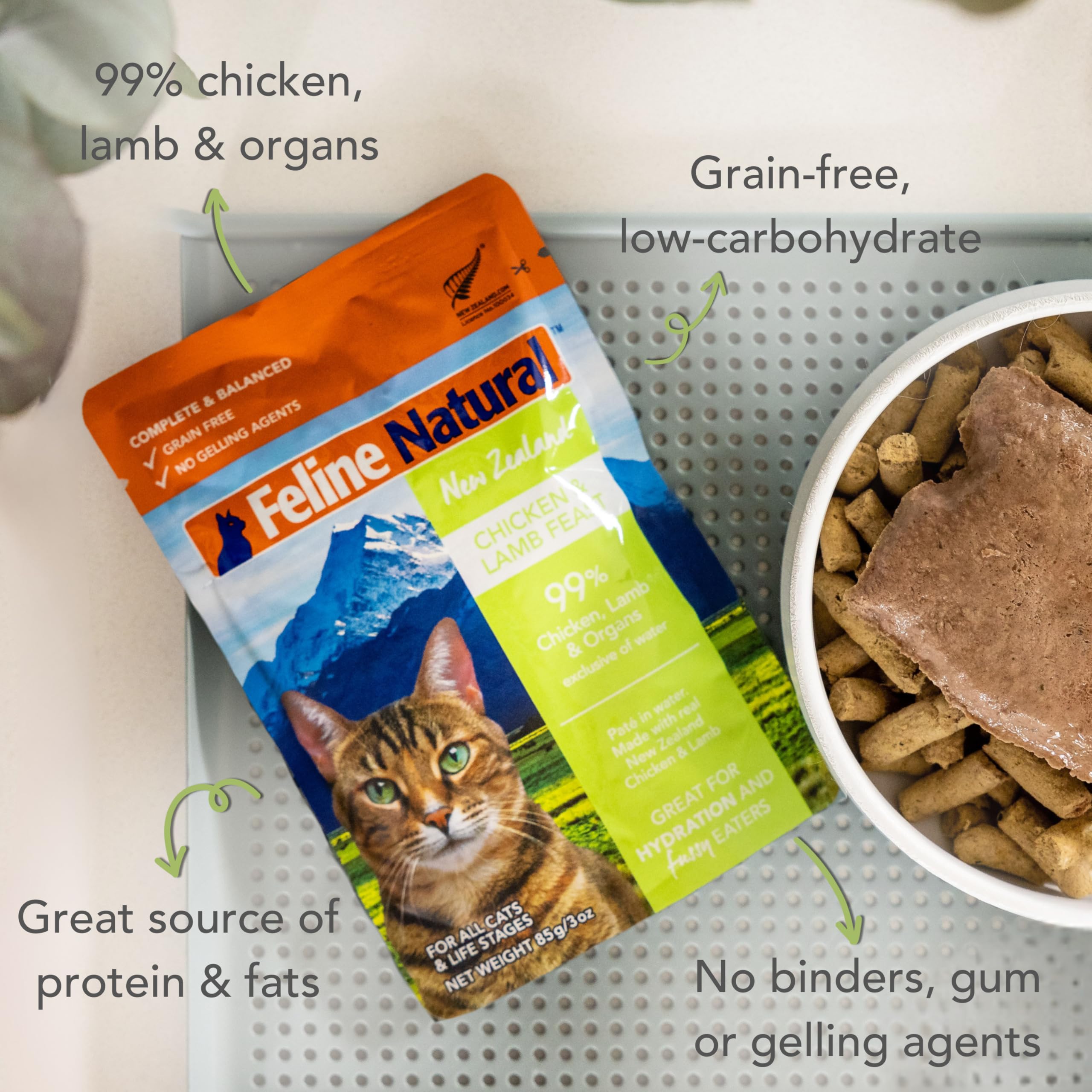Feline Natural Grain-Free Wet Cat Food Pate - Chicken & Lamb Feast in 3oz Single Serve Pouches (Pack of 12) | Made in New Zealand with Cage-Free Chicken & Grass-Fed Lamb | Perfect for Adult Cats & Kittens at Mealtime or as a Tasty Topper
