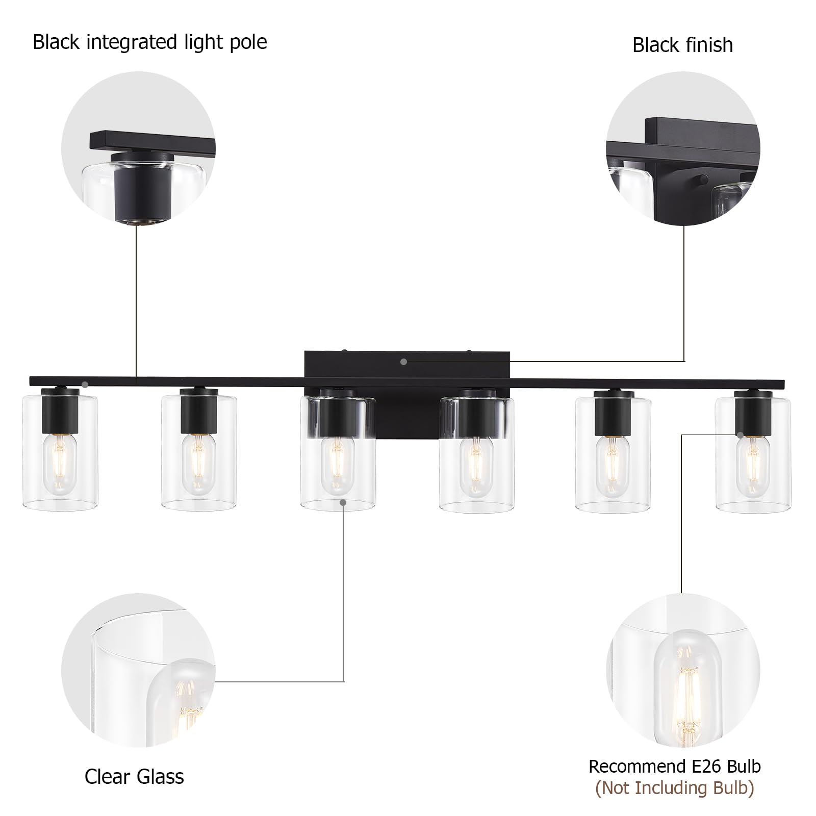 6-Light Black Bathroom Vanity Lighting with Clear Glass Shade - Modern Metal Vanity Lights for Bathroom, Bedroom & Living Room - Perfect Over Mirror for Home Decor