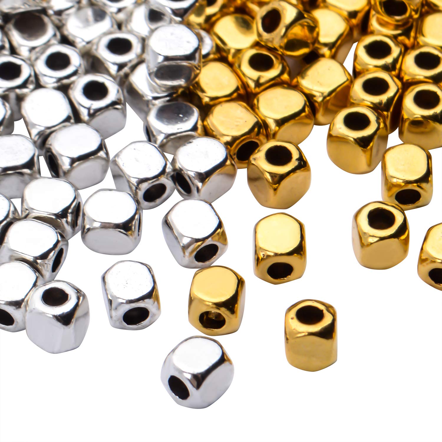 200pcs 3.5mm Square Cube Spacer Beads for Jewelry Making - Gold & Silver DIY Beads for Bracelets, Necklaces & Craft Projects - Perfect for Handmade Jewelry & Gift Making