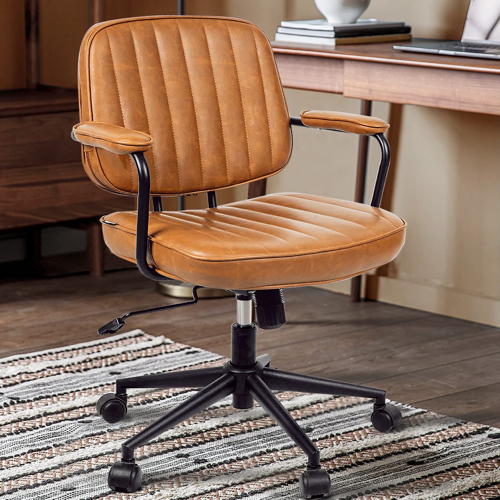 Mid Century Modern Office Chair - Genuine Leather Desk Chair with Wheels & Adjustable Arms - Ergonomic Brown Executive Chair for Home & Office Workspace