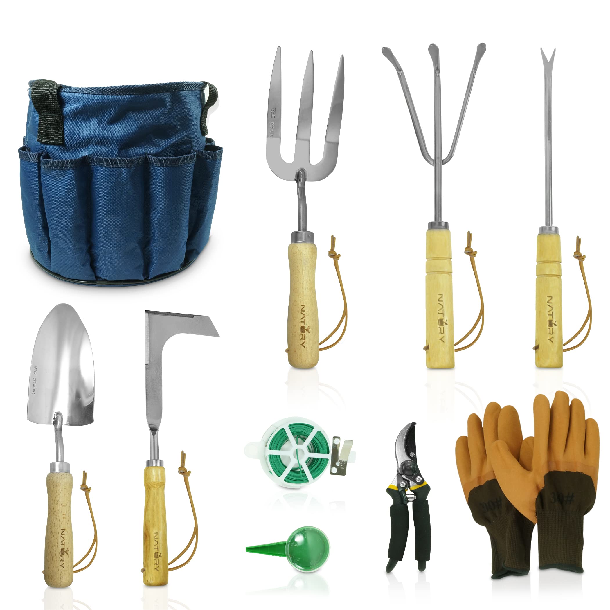 Premium Stainless Steel Garden Tools Set with Solid Beechwood Handle - Complete Gardening Kit Includes Rake, Shovel, Gloves, Shears & Tool Organizer - Ideal for Planting, Weeding & Landscaping - Perfect Gardening Gift for Women & Men