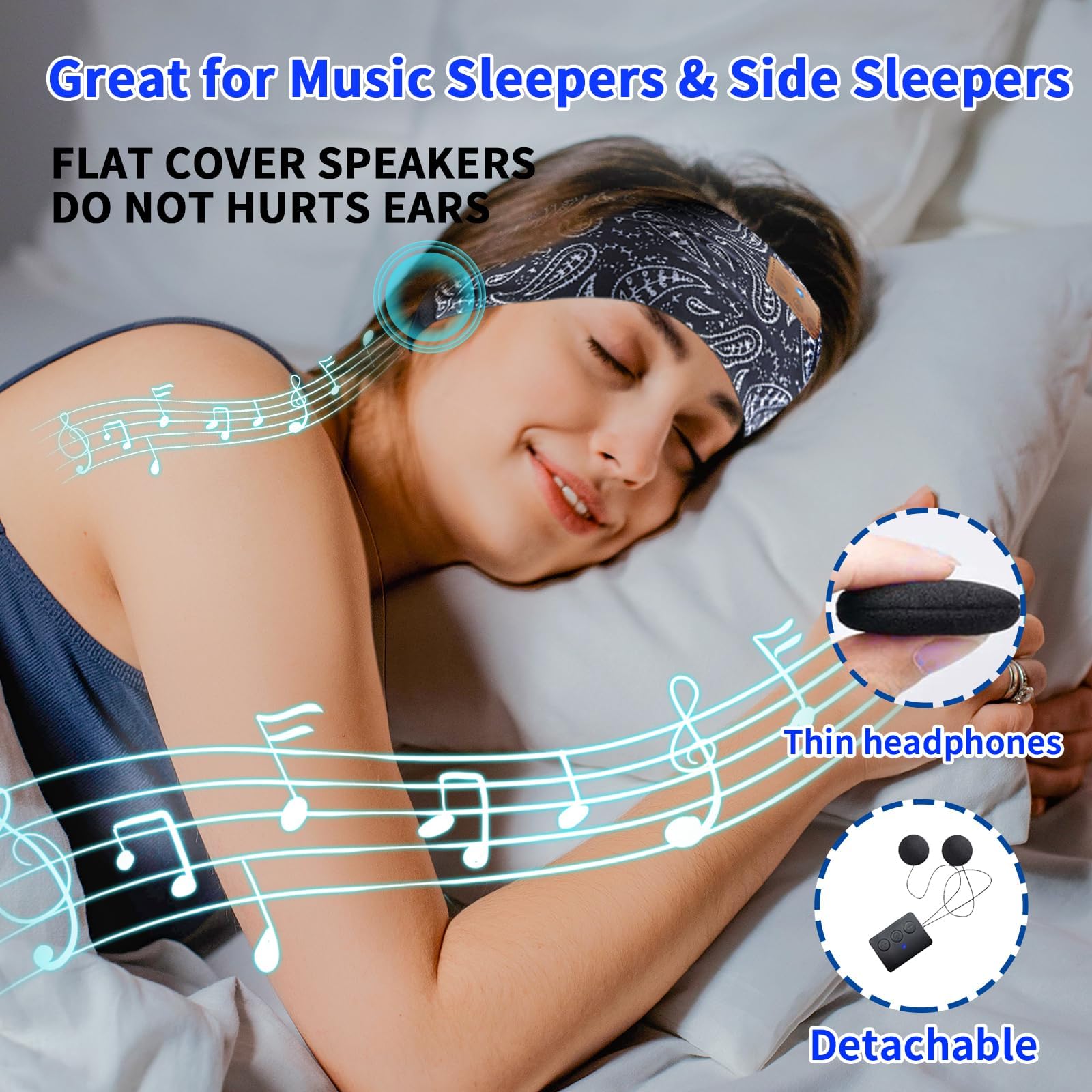 4-in-1 Bluetooth Sleep Headphones with Ultra-Thin Speakers - Wireless Sports Headband & Sleep Mask for Side Sleepers - Comfortable Workout & Night Use Headphones for Women & Men (Dark Blue) - Perfect for Gym, Running, Yoga, Travel & Relaxation