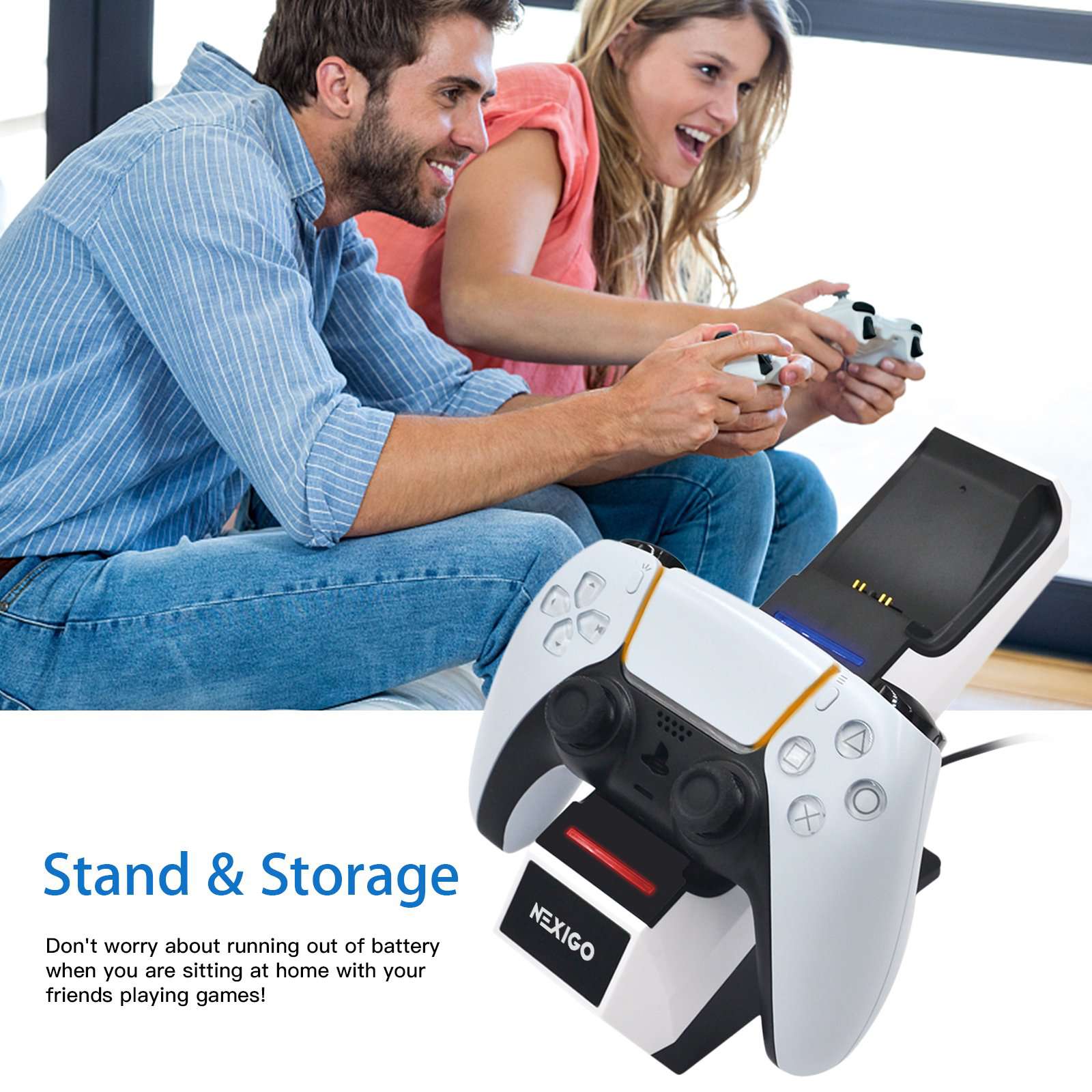NexiGo PS5 Controller Charger Station with 2 Thumb Grips - Fast Charging Dock for DualSense Wireless Controllers - Perfect for Gaming Setup & Multiplayer Sessions