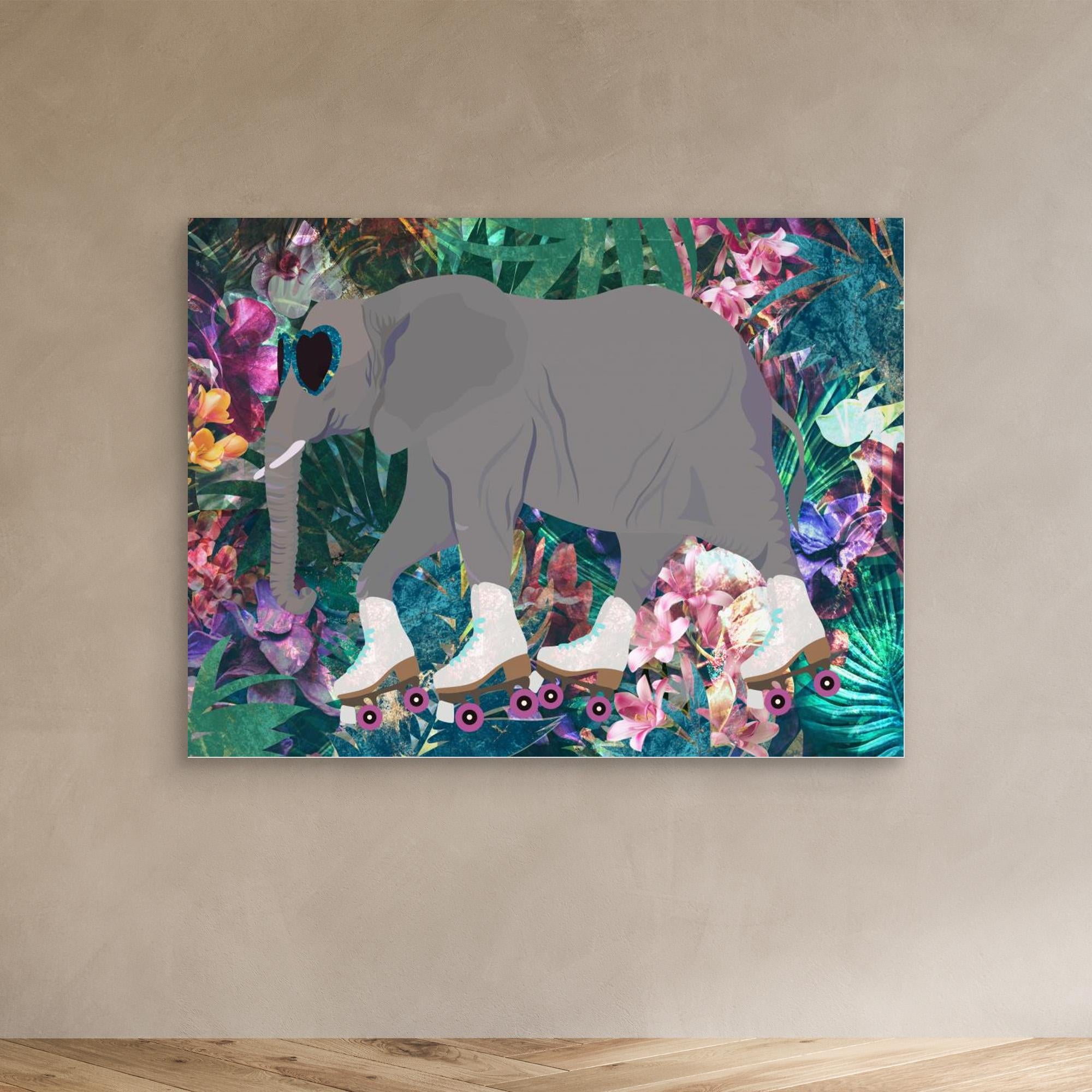 Elephant Rollerskating in the Jungle Canvas Print by Sarah Manovski - Unique Animal Art for Nursery, Kids Room & Skateboarder Decor