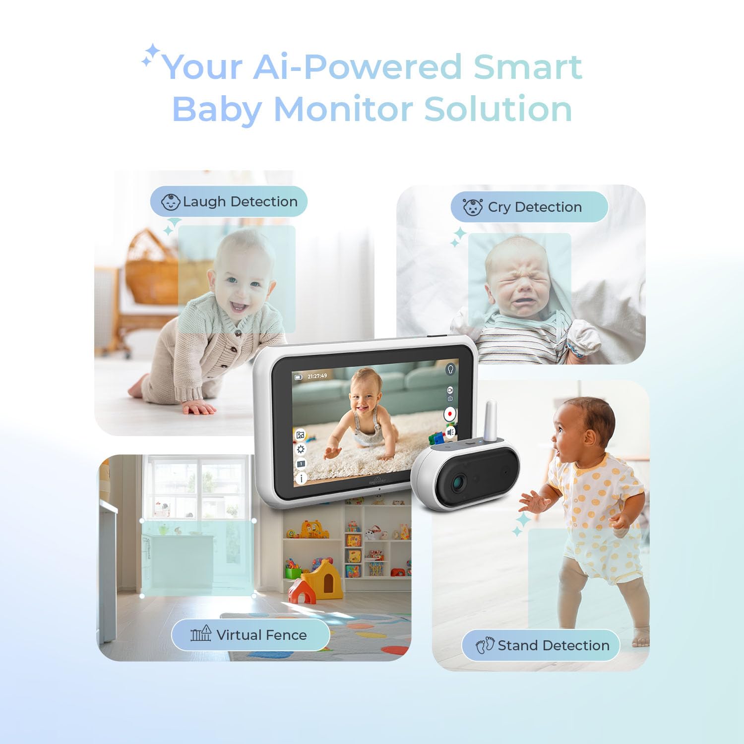 Tiny Traveler AI Smart Wireless Baby Car Monitor - AI-Powered Safety Alerts with Cry/Laugh/Stand Detection, Virtual Fence, 1000ft Long Range & Night Vision | Lullabies & Night Light for Safe Road Trips & Peace of Mind Parenting