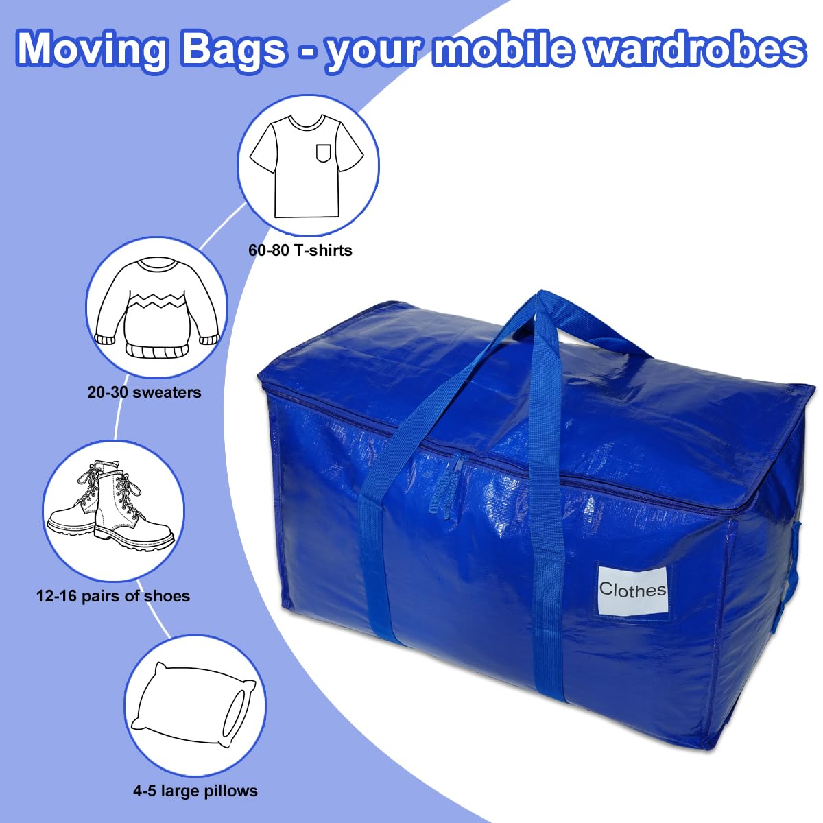 6 Pack Heavy Duty Moving Bags with Zippers & Wraparound Handles - Durable Storage Bags for Packing, Travel, Camping & Home Organization - Space Saving Solution for Moving & Storage Needs