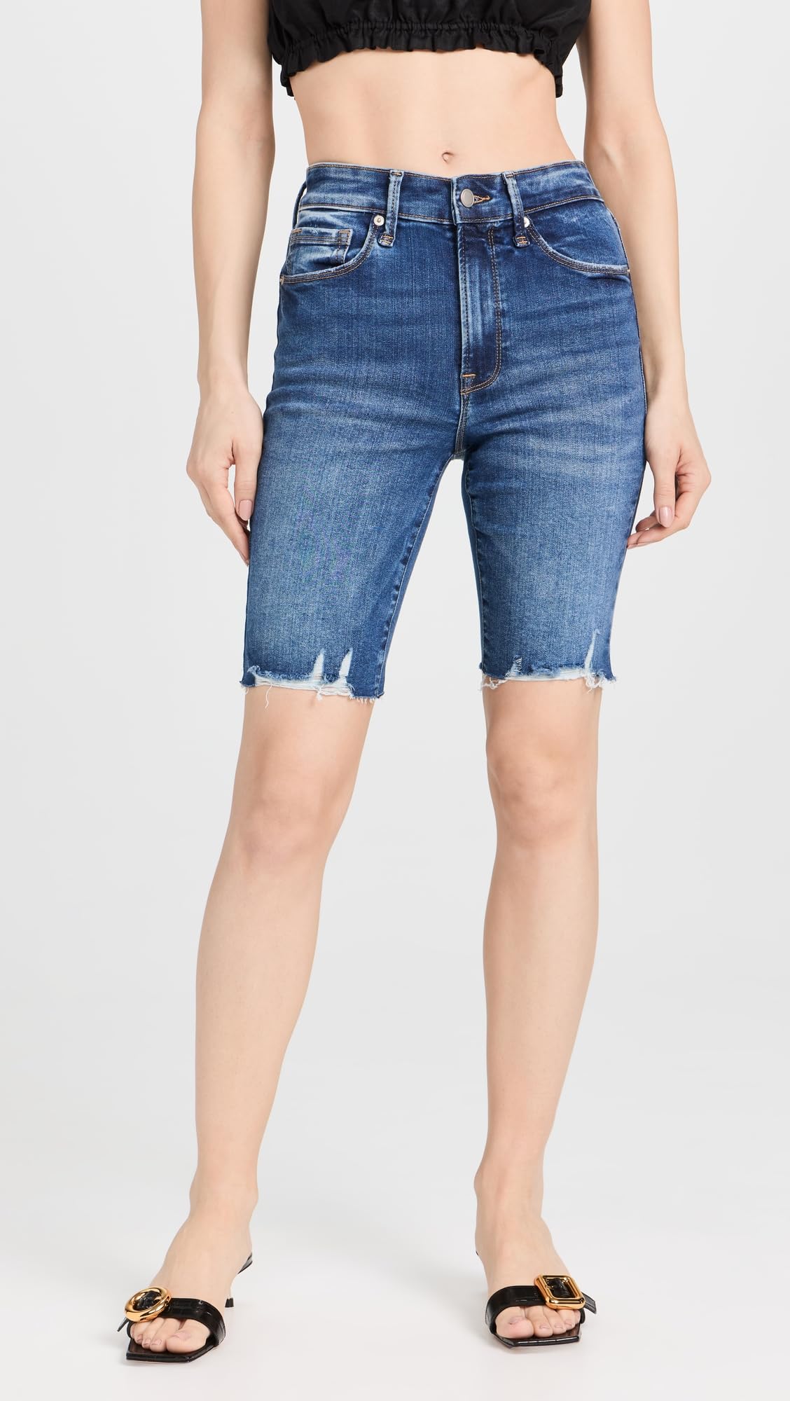Good American Women's Always Fits Good Legs Bermuda Raw Hem Denim Shorts - Comfortable Stretch Fit for Casual Wear, Summer Outfits & Beach Vacations