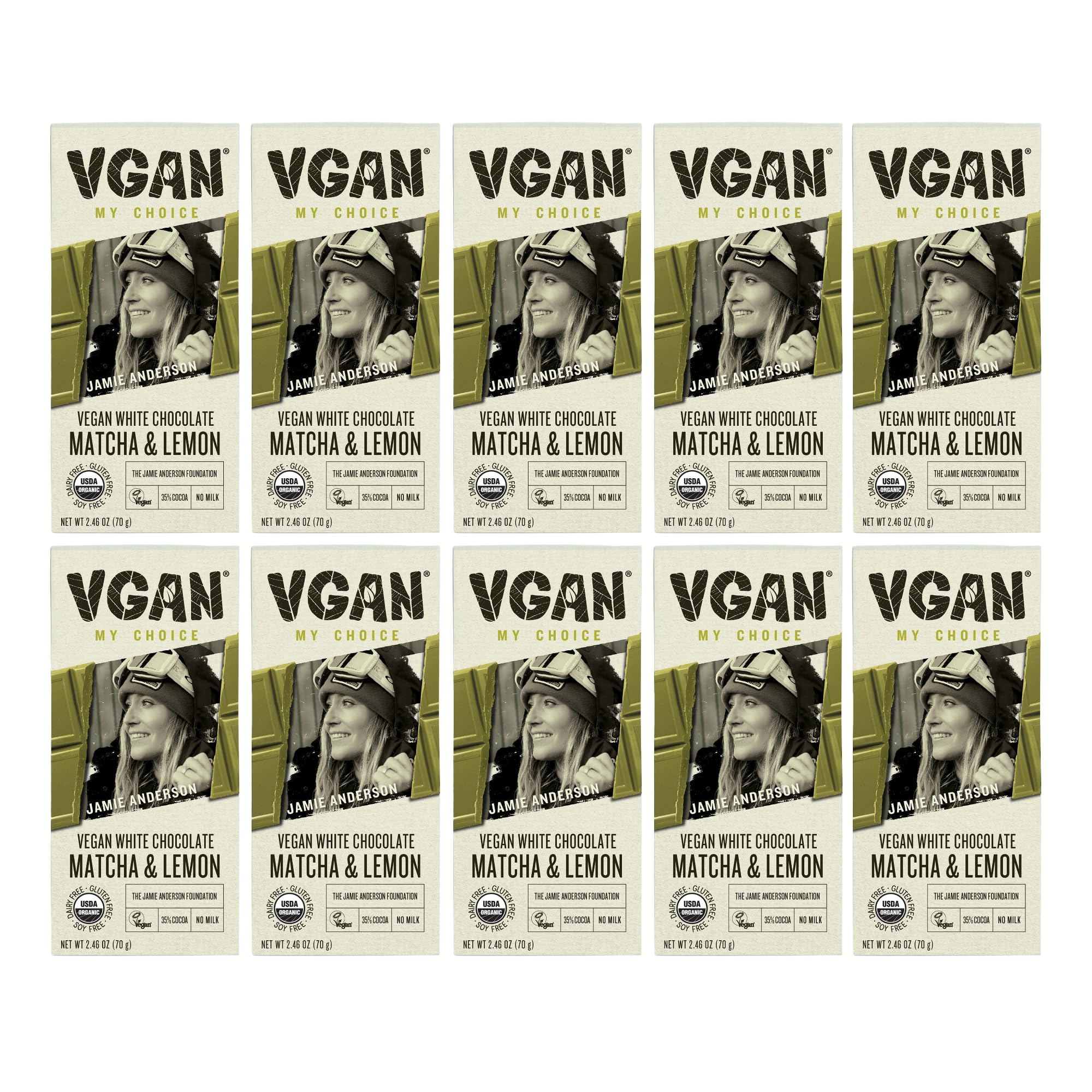 Organic Vegan Chocolate Bars - Gluten Free, Dairy Free, Soy Free, Non-GMO, Kosher & Cruelty Free Snacks - 10 Pack Jamie Matcha Lemon Flavor - Perfect for Healthy Desserts, Gifts & Plant-Based Diets