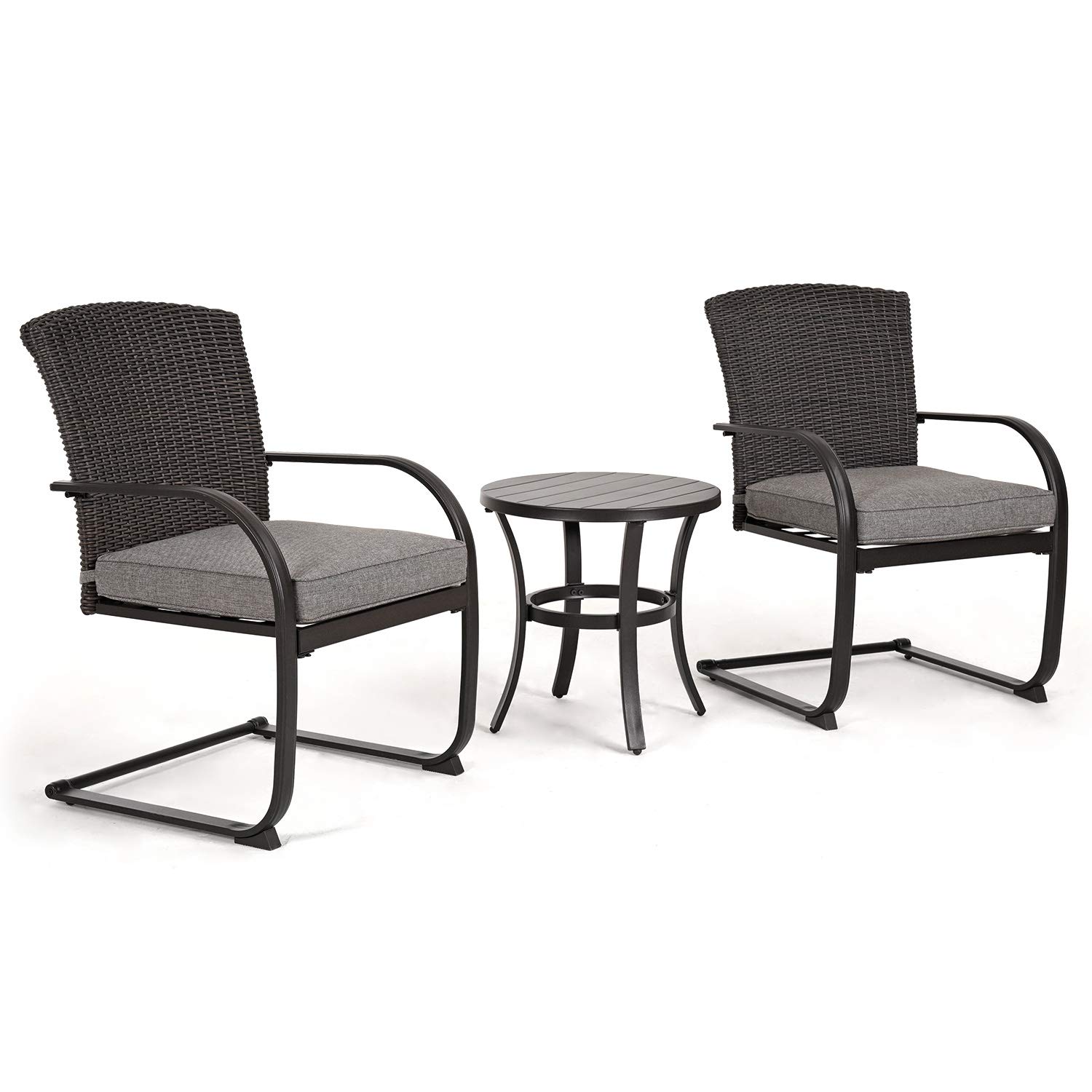 3-Piece Outdoor Bistro Set with Rocking Wicker Chairs & Coffee Table - Patio Furniture for Balcony, Porch, Garden - Includes Removable Cushions & Weather-Resistant Grey Wicker (Perfect for Relaxing, Entertaining & Small Outdoor Spaces)