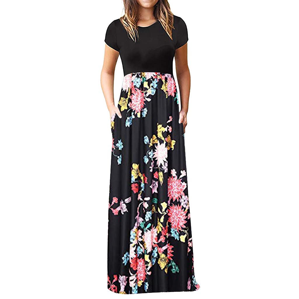 2023 Women's Floral Maxi Dress - Short Sleeve Crew Neck Boho Beach Dress with Empire Waist | Perfect for Summer Vacations, Beach Parties & Casual Outings