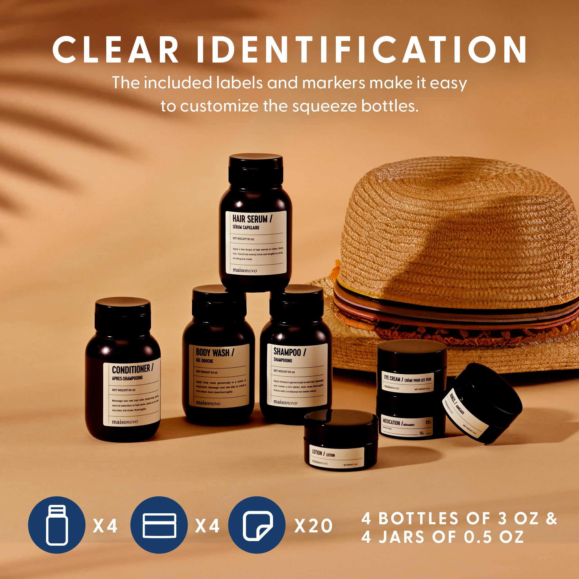 MaisoNovo TSA Approved Leak Proof Travel Bottles for Toiletries - 4 Pack Refillable Travel Size Containers with Waterproof Toiletry Bag | Perfect for Airplane Carry-on, Vacation & Gym Essentials