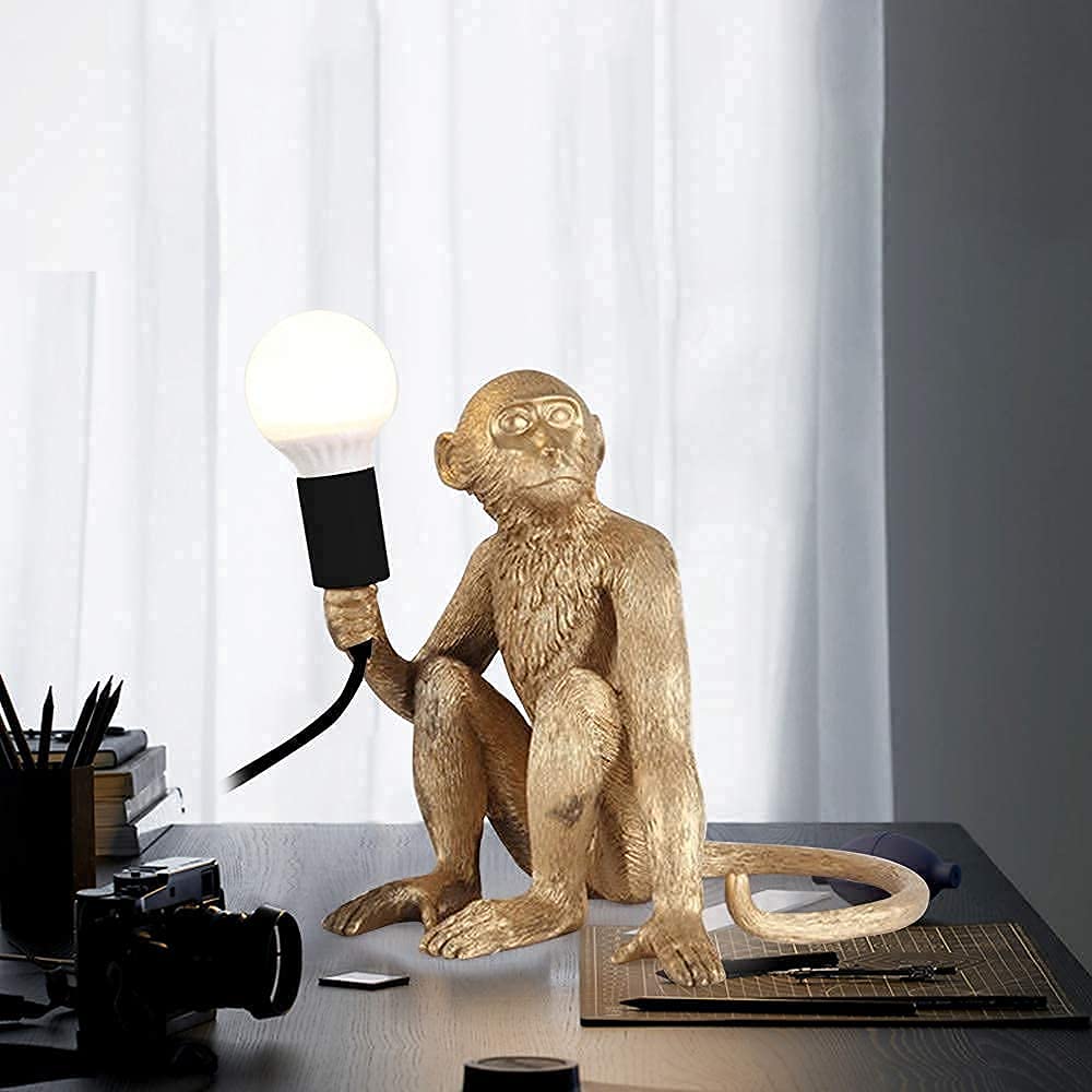 LOYALHEARTDY Modern Monkey Table Lamp - Resin Sitting Monkey Desk Light for Living Room, Bedroom, Office & Dorm Decor - Gold Accent Lighting for Study, Reading & Nightstand Use