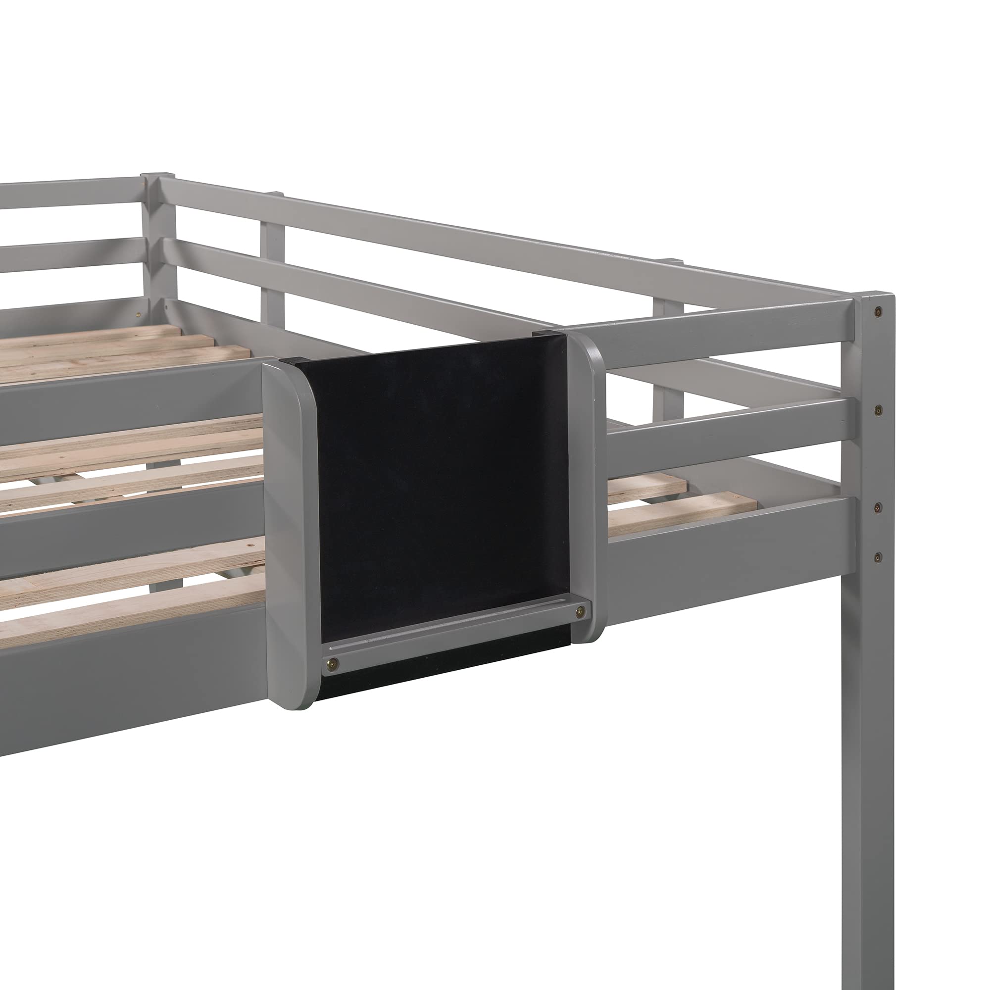 LostCat Full Loft Bed with Slide & Ladder - Low Profile Wooden Loft Bed for Kids, Teens & Adults - Sturdy Safety Guardrails - No Box Spring Needed (Grey) - Perfect for Small Bedrooms, Dorm Rooms & Kids' Play Areas