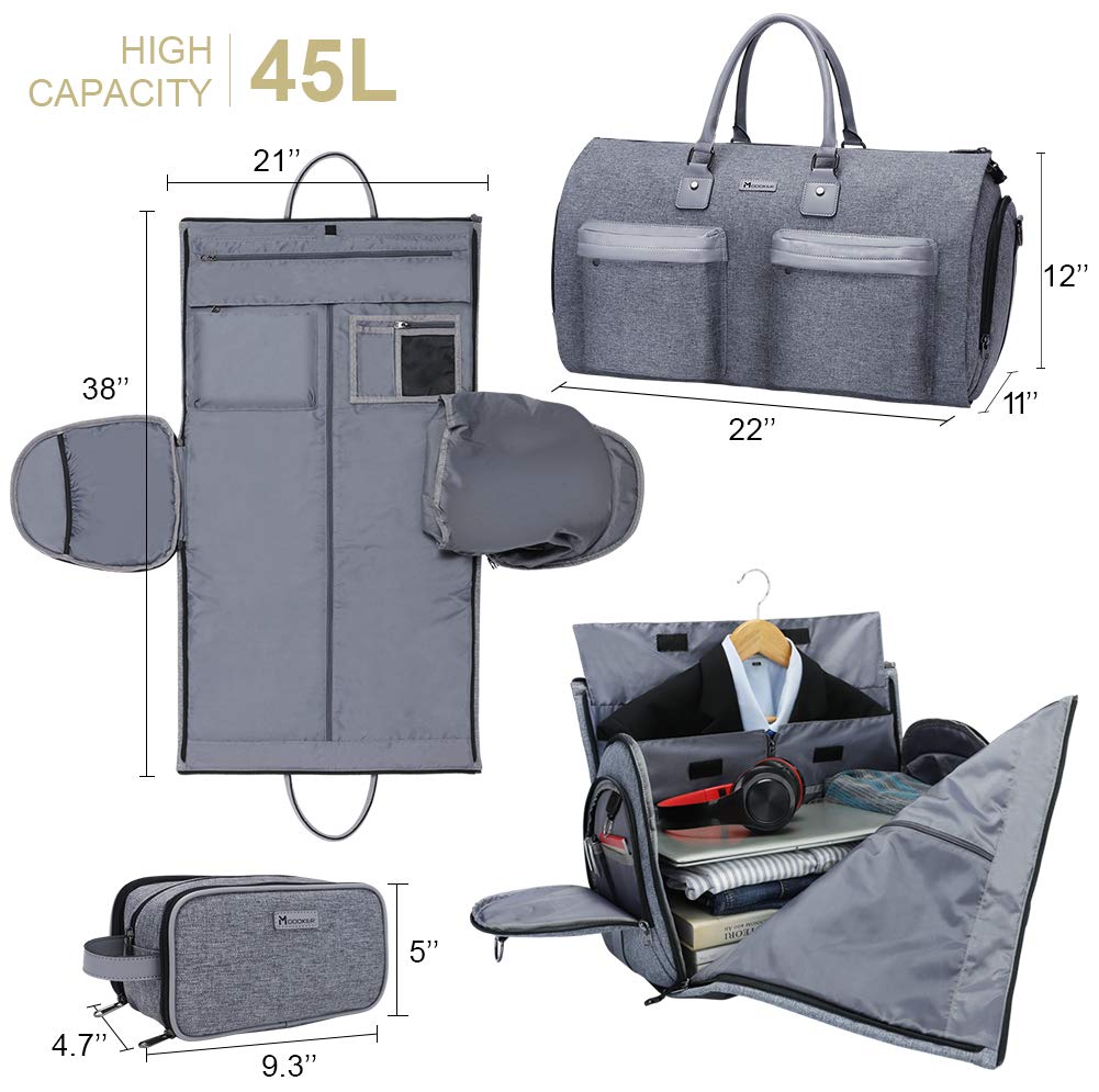 Modoker Convertible 2-in-1 Garment & Duffel Bag with Toiletry Pouch - Carry On Luggage for Business Travel, Weddings & Vacations - Multi-Functional Hanging Suitcase for Men & Women (Grey)