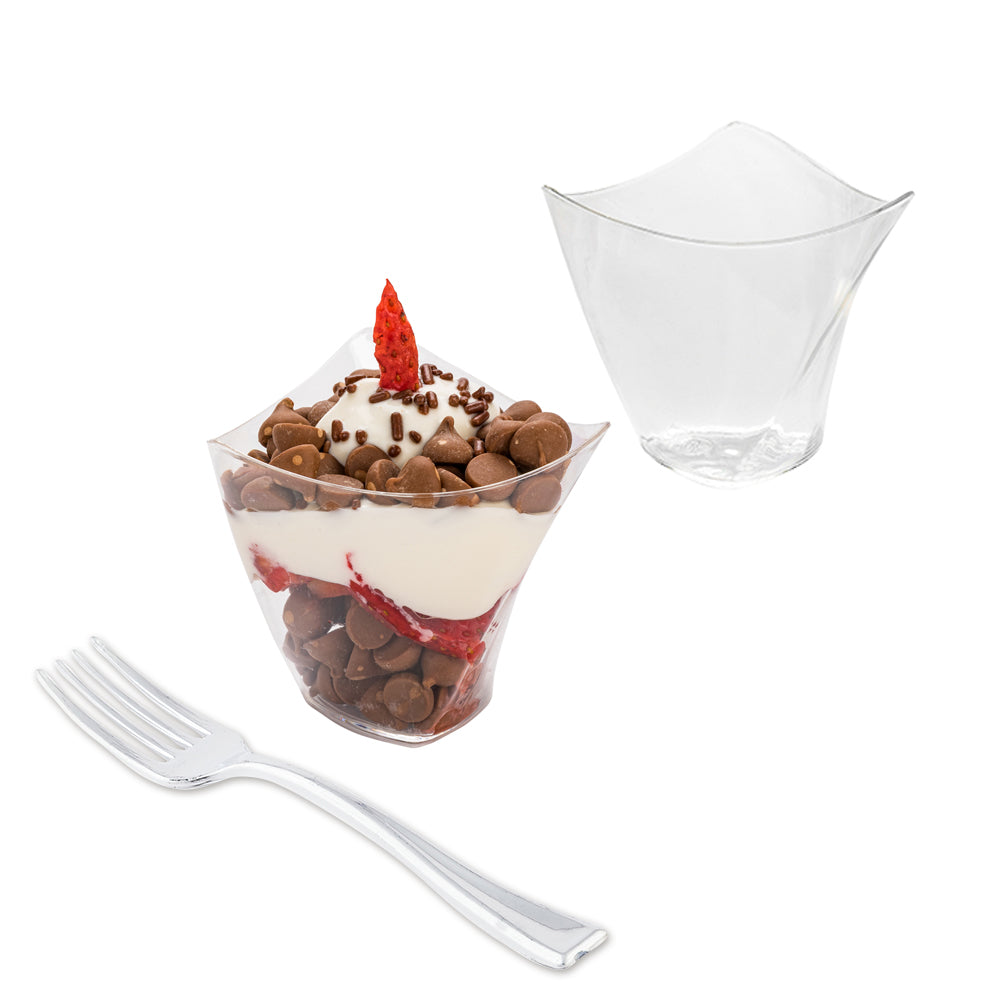 100-Pack 4 oz Clear Plastic Mini Crescendo Cups & 100 Silver Plastic Mini Forks - Perfect for Parties, Weddings, and Catering Events