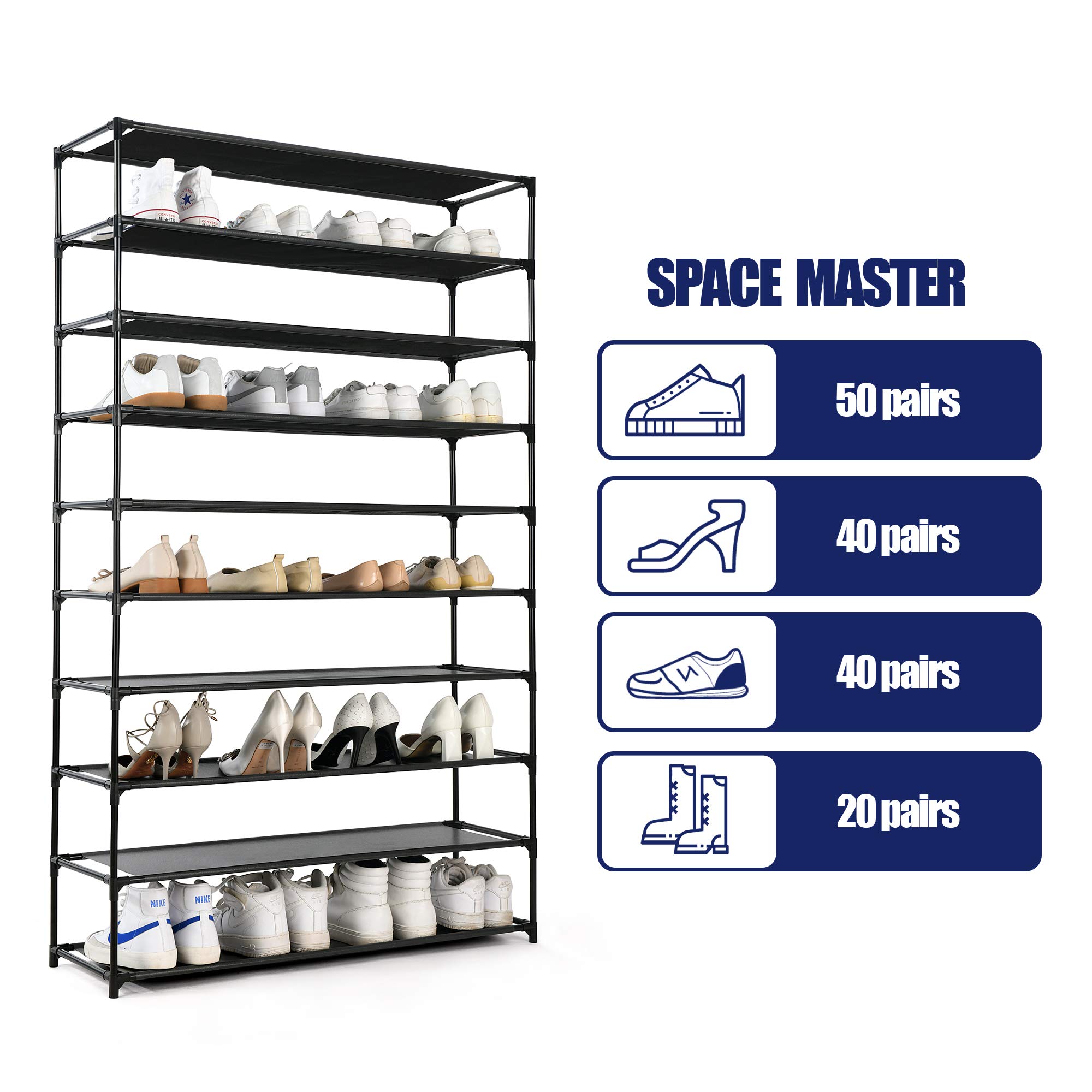 50 Pairs Shoe Rack Organizer - 10-Tier Space Saving Shoe Shelf for Bedroom, Closet & Entryway | Non-Woven Fabric Shoe Storage | Perfect for Small Spaces & Shoe Lovers (Black)